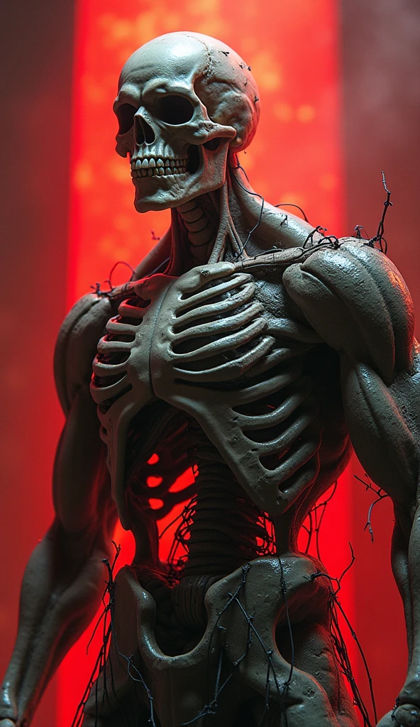 Skull with muscular body making a heart with his hands 
