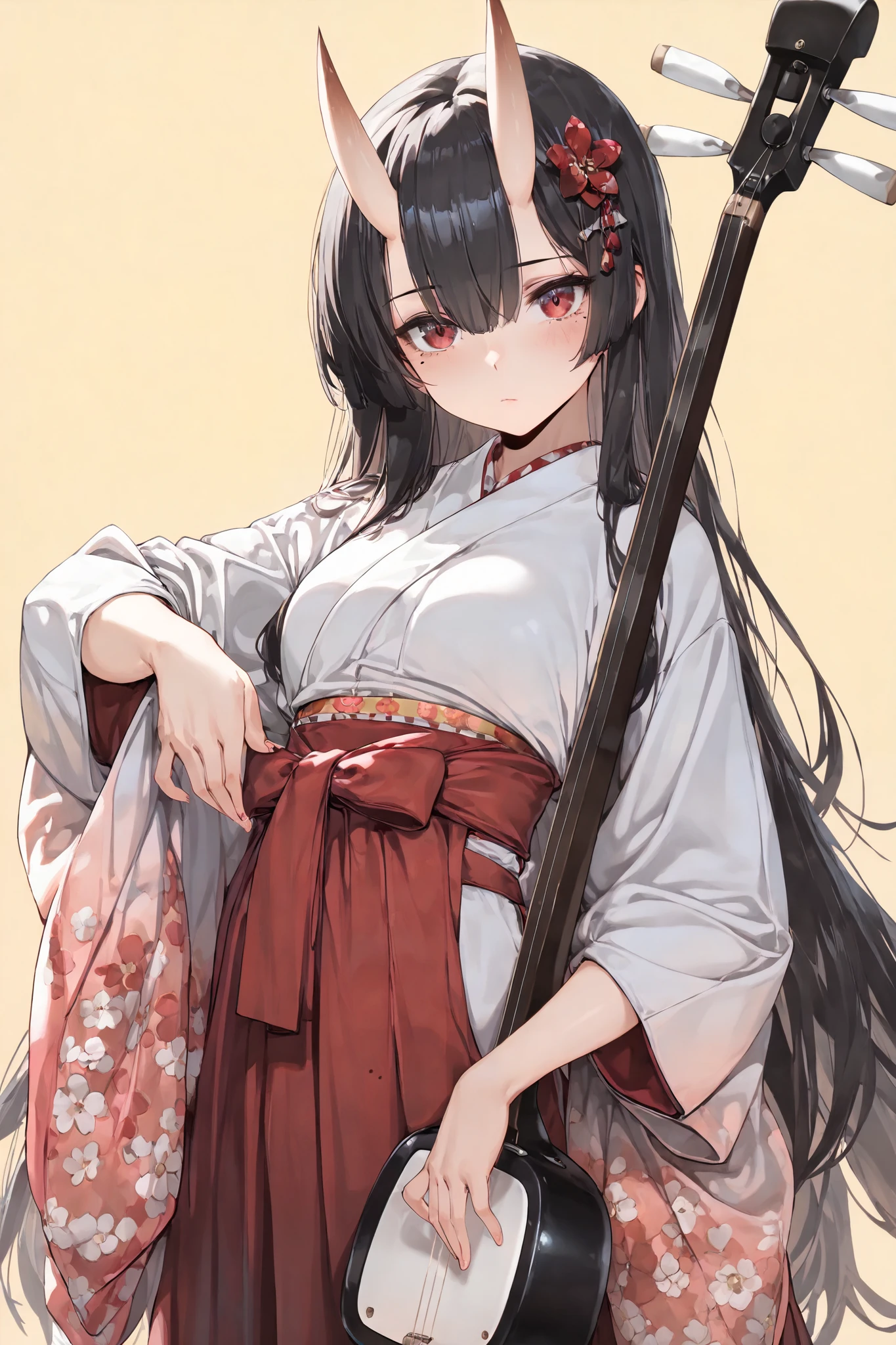 ((4k,8k,Ultra HD)),((Masterpiece :1.2)),((Best quality :1.2)),((Detailed :1.5)), oni horns, hakama, simple background, skirt, closed mouth, mole under eye, hair ornament, looking at viewer, layered clothes, floral pattern, very long hair, medium chest, shamisen, (high contrast), Yellow background