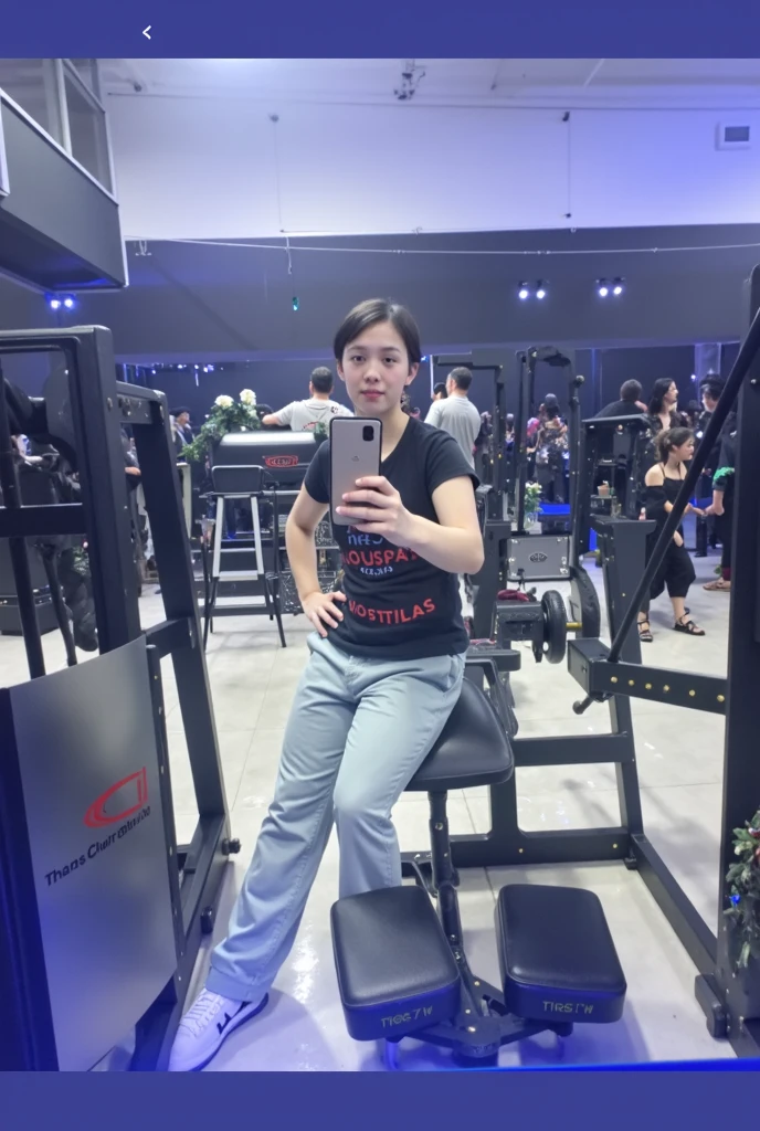 Girl taking mirror selfie in the gym, hourglass body, big booty, white complexion, sweat over whole body, no people in the background,
