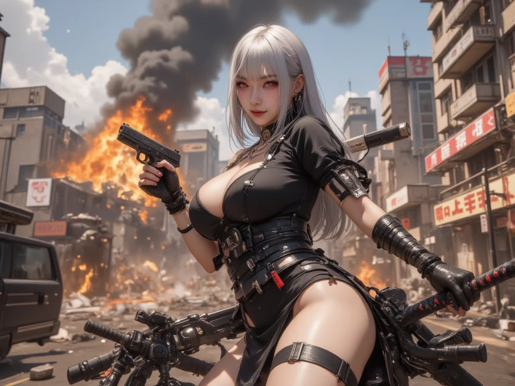 Woman in black dress with gun and gun, 魅惑的なcyber punkダークファンタジーの衣類とブーツ, Succubus in a tight short dress, cyber punkボディスーツ, cyber punk,Wild West