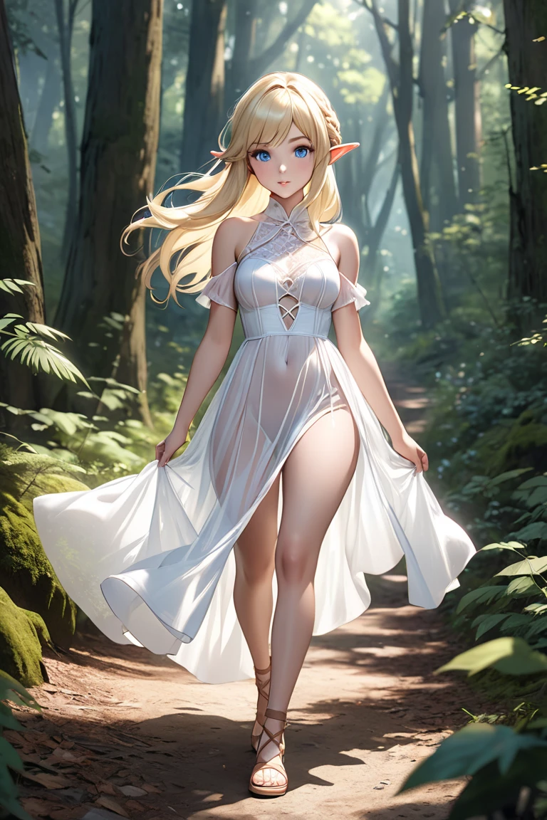 (A beauty),Fishbone braids,(Delicate hair accessories),(ears of elf) ,Princess,Wood system(the elf)(the woods),Tyndall rays,Sunlight shines through the woods,The picture is beautiful,style of anime,k hd,cleavage,(A long flowing dress),((Floating in mid-air)), smirk, sultry look, seductive,