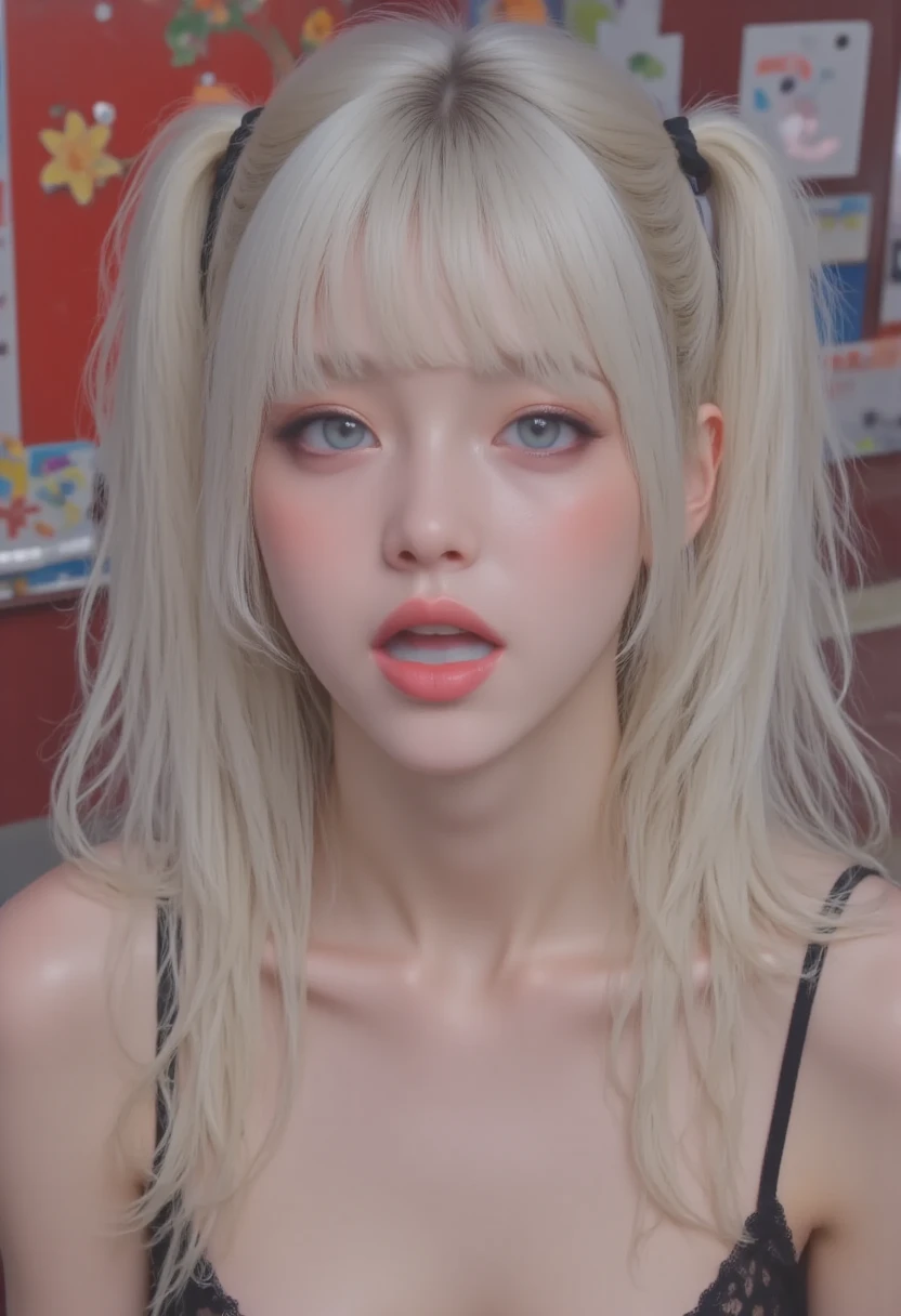 RINA, Babe Rina, 1girl, full body portrait, zoom out portrait, portrait to waist, zoom out to waist, one beautiful woman, wearing revealing sweater, (perfect tight satin sweater:1.8), (pink tight satin sweater:1.8), standing straight, tilt head, (blonde long hair:1.4), blonde straight hairstyle, (blonde straight hair:1.4), Bright eyes, (detailed eye :1.4), blueish eyes, (detailed eyelash:1.6), (long eyelash:1.6), (plump tear bag:1.6), (pink tear bag:1.6), revealing skin, barbie looks, bimbo lips, (closed lips:1.8), (big lips:1.6), (red lipgloss:1.2), (sexy lips:1.4), (pink room:1.6), showing cleavage, (cleavage:1.8), oppai, (huge breasts:1.2), (gigantic breasts:1.2), looking at camera, Ultra-realistic capture, Highly detailed, High resolution 16k, Skin should look healthy, Use natural light and color, (Glamorous body), Highly detailed, High-definition raw color photos, Professional Photography, Realistic portrait, (Strongly blurred background:1.6)