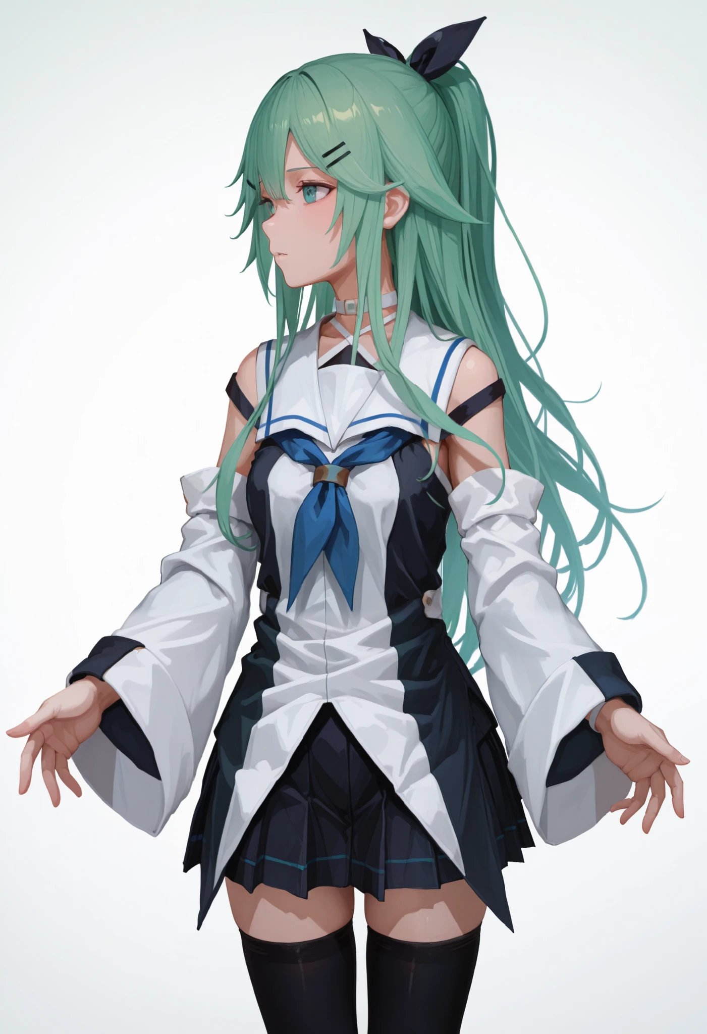 1 busty girl, Green hair, faruzandef, dual horsetail, Jacket with hoodie, Classroom, llight rays, Glow, upper legs, 鎖骨, Willow waist, (tmasterpiece), Wallpapers,