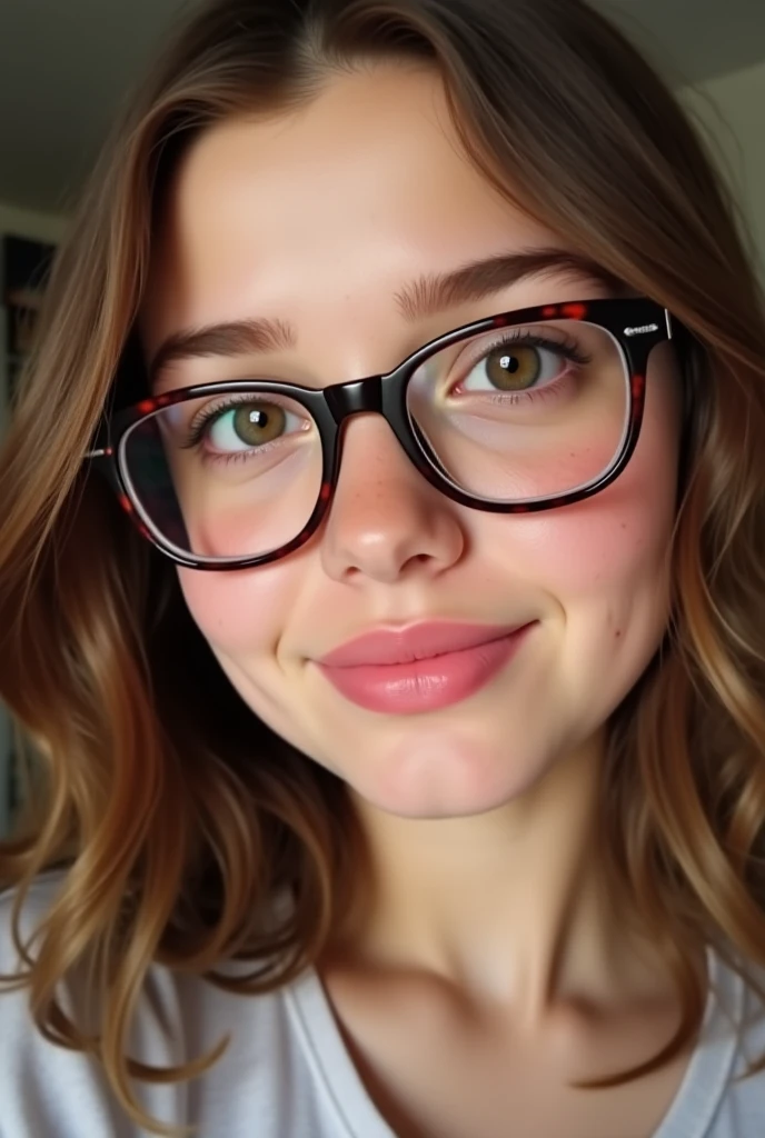 Plus size brunette woman, pinkish brown skin, rounded dark brown eyes, glasses, cherry red hair, dark roots