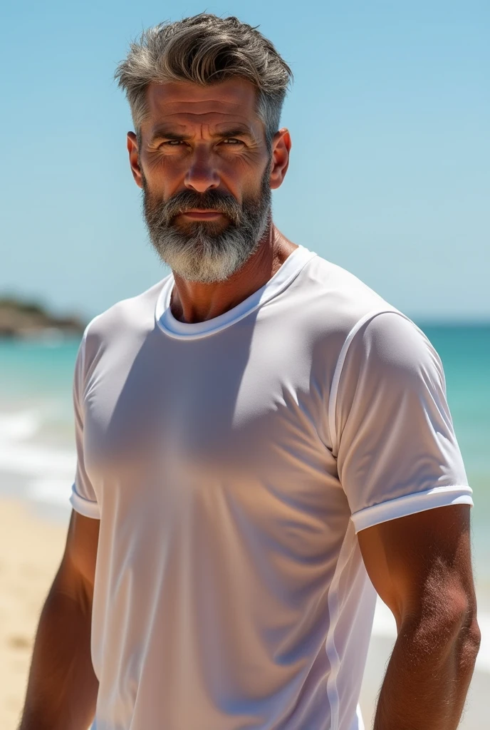 40 year old violent man., top-less, i'I'm standing on the edge of the ocean. el es un pescador, taking a net out of the ocean.. el hombre'Severe facial features are depicted in extreme detail... His weathered face stood out, showing deep lines and wrinkles. The intense look in his eyes conveys the toughness and determination of an experienced fisherman.... El artista representa los fuertes brazos y manos de un hombre., pulling the net with precision and strength..
The painting is done in a realistic style with emphasis on conveying the essence of man and the ocean landscape... The artist uses high resolution techniques., to highlight small details., la imagen parece realista. Los colores son brillantes y vivos., Representing the rich hues of the ocean and surrounding beach.. Using bokeh adds depth and visual interest to a composition..., con un fondo suavemente borroso.
Studio lighting recreates natural sunlight, casting dynamic shadows and highlights on el hombre's muscular physique.. Guarantees of the physical rendering technique., that the painting accurately transmits materials and textures., giving them life. thight jeans
