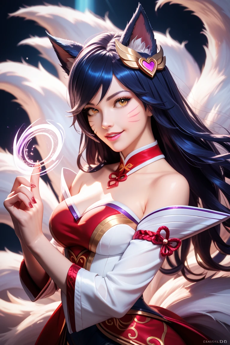 ((best qualityer)), ((work of art)), (detailded), ((best qualityer)), ((work of art)), (detailded), ombro to ombro sweater, photo realist, high resolution, 1 women, mature woman, standing alone, hips up, purples eyes, cuddly, ahri (League of Legends), pink  hair, mitts, long hair, thicc thighs, overskirt, elbow mitts, hand on hip, bared shoulders, standing alone, wings, White mitts, breastsout, pink eyes, bangss, magic, ornament hair, posse sexy, sexyposture, very sensual, NSFW