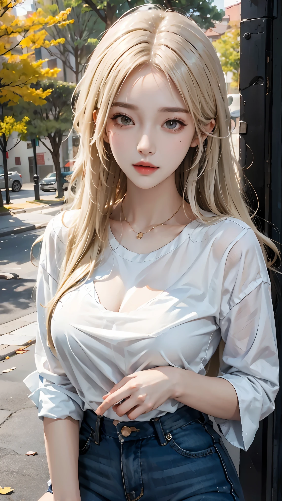 lively、28 years old、big cleavage、White V-neck long sweater maxi dress that sticks to your skin、smile、cleavage emphasis,sweaty face,messy hair,Breathless face、While looking at this,face zoom,pink glossy lips、standing pose、get horny、sexy face、,residential street、background bokeh、full shot、((Seductive face)), Drooping eyes、Thin small face、sharp chin、small mouth、sexy lips)