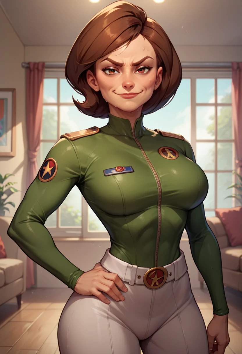 score_9, score_8_up, score_7_up, score_6_up, BREAK helen parr, wearing millitary outfit, big breasts, evil smirk,one hand on hip, sweating, in a living room, looking at viewer,