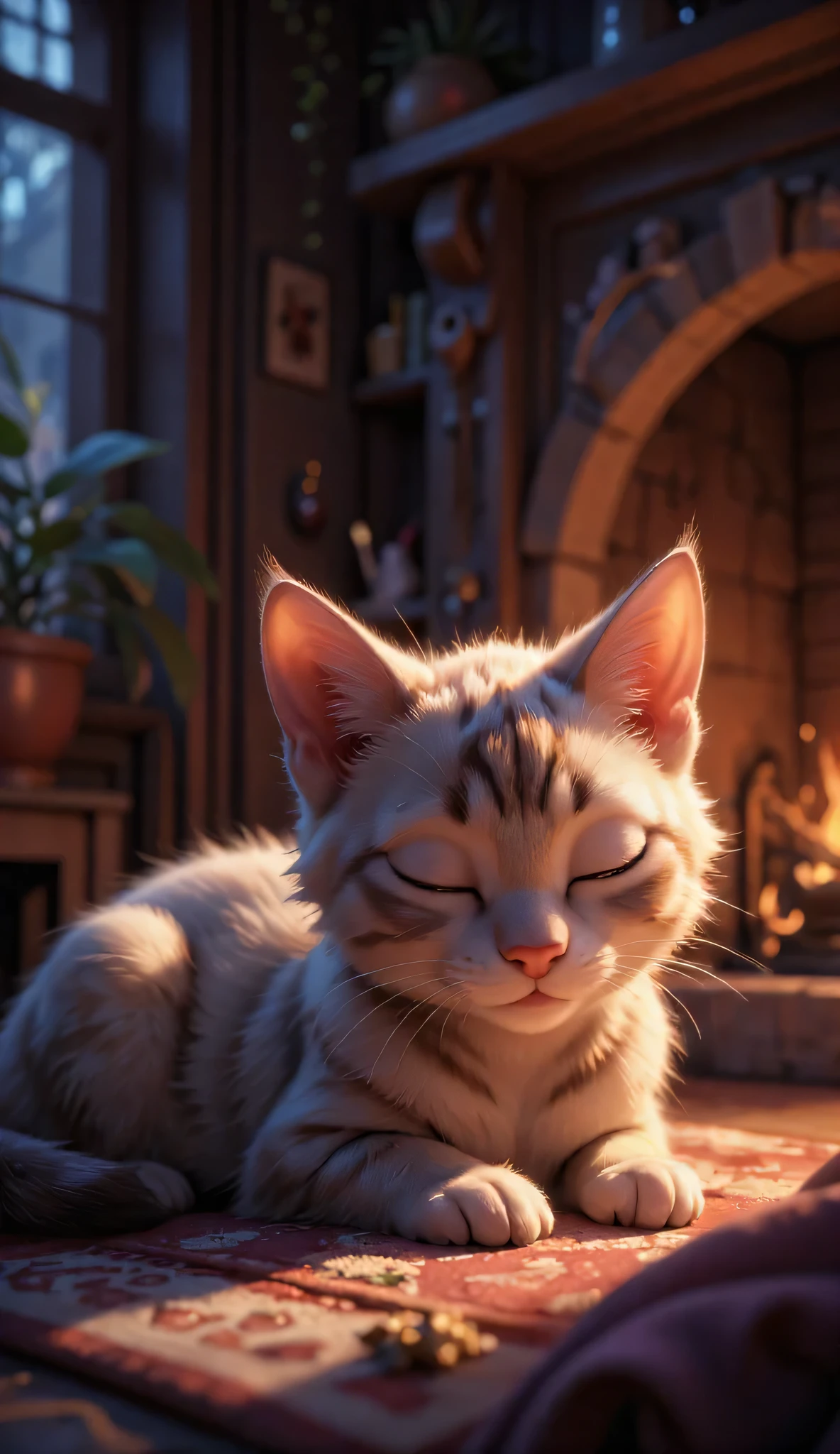 3D character, cute Siamese kitten, sleeps on a rug by the fireplace, Inside the house, masterpiece, Background Blur, Shut your eyes.
