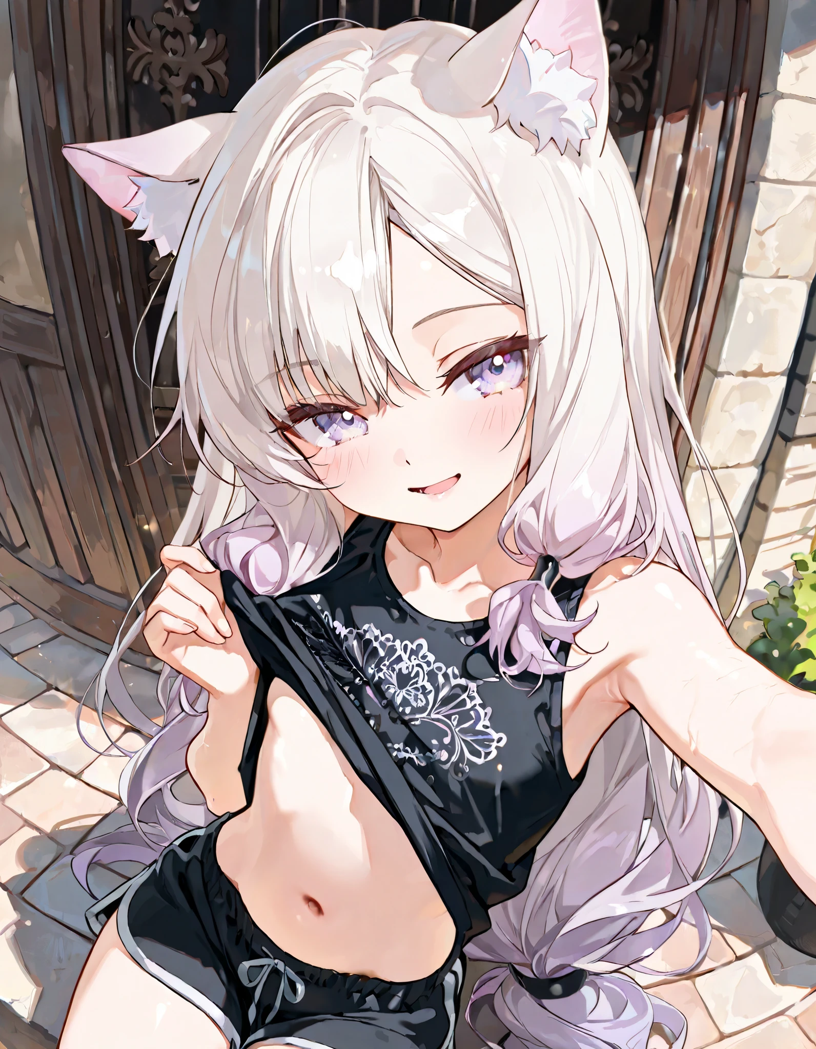 ((Masterpiece)), ((best quality)), (8K), (fisheye, from above), (detailed background:1.2), (ultra-detailed:1.2), (High resolution:1.3), (Professional Photography:1.2), (very aesthetic:1.2), (absurdres:1.2), (sharp focus), ((1girl)), Cute young Girl, (Textured skin), Big eyes, (pale purple eyes, gradient eyes, looking at side), platinum-gold hair, (Asymmetrical bangs), gradient hair, (pink color Hair Tip), (low-tied sidelooks), (small breast, Healthy slim body, side breast), ((seductive smile, blush)), open mouth, (cute cheeks), glossy lips, pouty lips, (lower eyelashes), (tilt head), (put on cat ears), Beautiful collarbones, BREAK, ((Black shirt, sleeveless shirt, embroidery shirt)), cute dolphin shorts, ((lift the shirt hem, lift by self, cute navel)), armpit, (loose sitting on the beautiful avenue, ouside the Dubrovnik townscape, outdoor), Dubrovnik townscape,