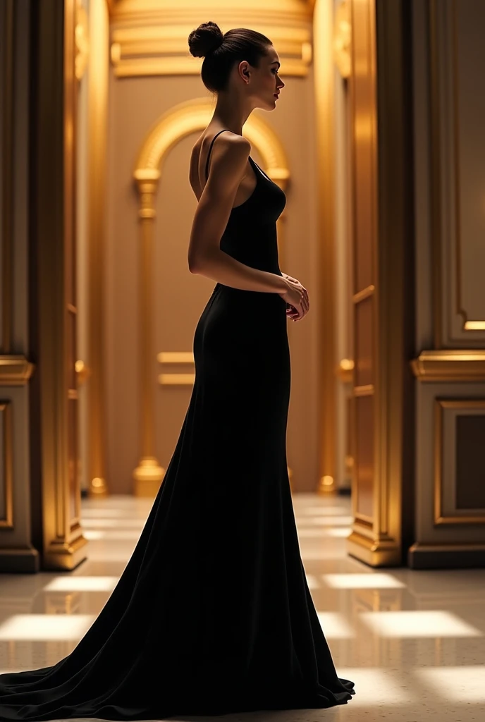 a woman in a shimmering, backless gown with a plunging neckline, standing at the top of a grand staircase, full-body portrait with her head fully visible within the frame, cinematic composition,