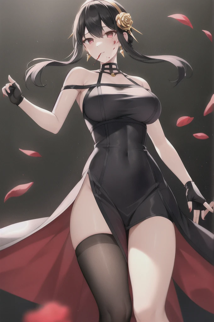 Vittorio_Veneto \(warship girls r\),((masterpiece)),(((best quality))),((ultra-detailed)),((illustration)),((disheveled hair)),((frills)),(1 girl),(solo),1girl, artist name, bangs, bare shoulders, black dress, black footwear, black gloves, black legwear, black rose, blush, breasts, convenient censoring, dress, elbow gloves, falling petals, flower, full body, gloves, gradient, hair flower, hair ornament, holding flower, short hair, looking at viewer, medium breasts, mouth hold, petals, red eyes, red flower, red rose, rose, rose petals, signature, solo, strapless, strapless dress, thighhighs, thorns, torn clothes, torn dress, torn gloves, torn legwear, wedding dress, white hair
