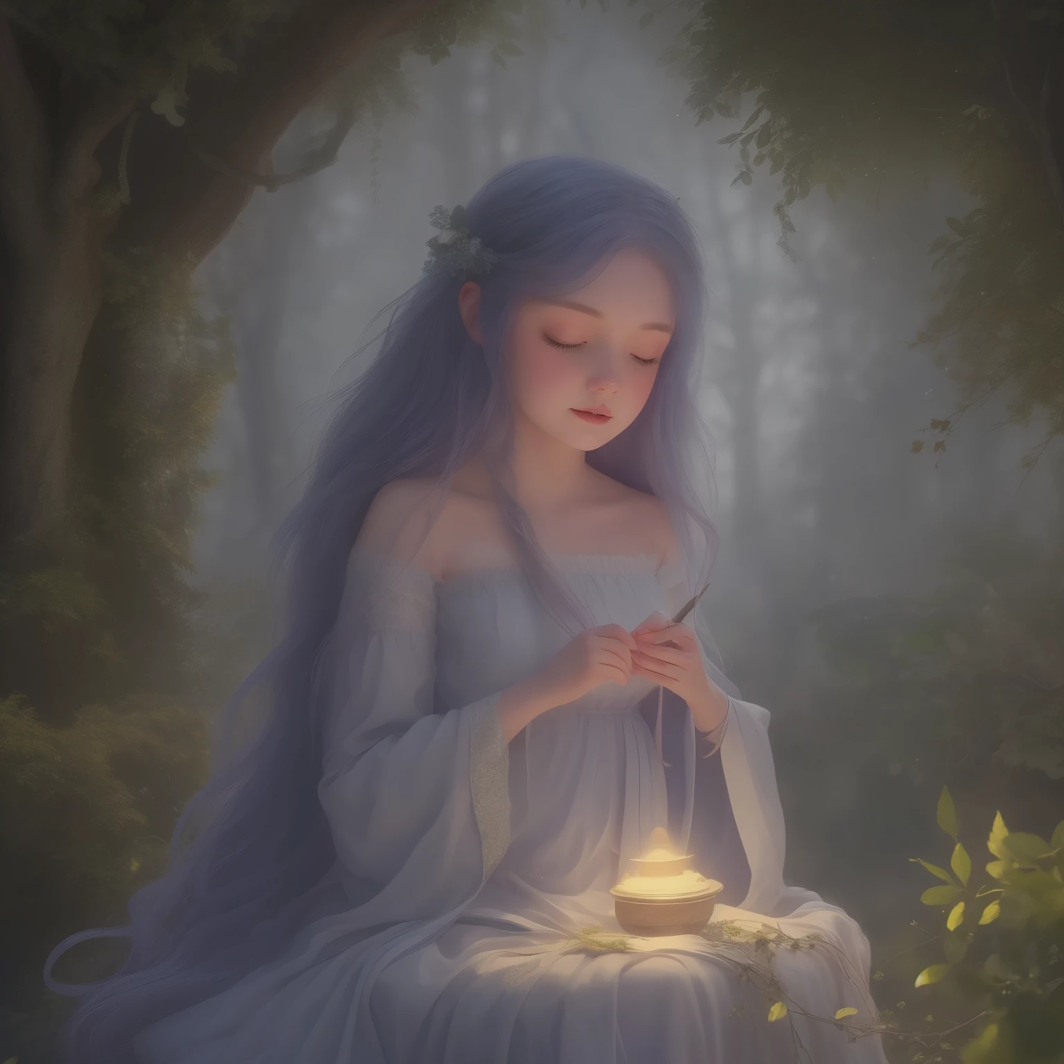 In this enchanting scene, the camera is situated among treetops, offering a low-angle perspective amidst a whimsical atmosphere, Moonlit forest glade, subtle mist swirling around ancient trees, illuminated by a soft, ethereal glow emanating from a crescent moon hanging low in the sky. A young witch, dressed in flowing white robes, stands at the edge of the clearing, her staff glowing with a gentle blue light as she gazes up at the celestial body, her long hair blowing gently in the breeze.. The composition features a kaleidoscope of vibrant flowers swaying gently in the breeze, with towering trees stretching towards the sky and magical beings hidden amongst the foliage. Soft, diffused light filters through the canopy, casting dappled shadows across the forest floor. As the camera captures every detail in 8K resolution, delicate petals of seven-colored flowers and enigmatic expressions of mystical creatures come into sharp focus.