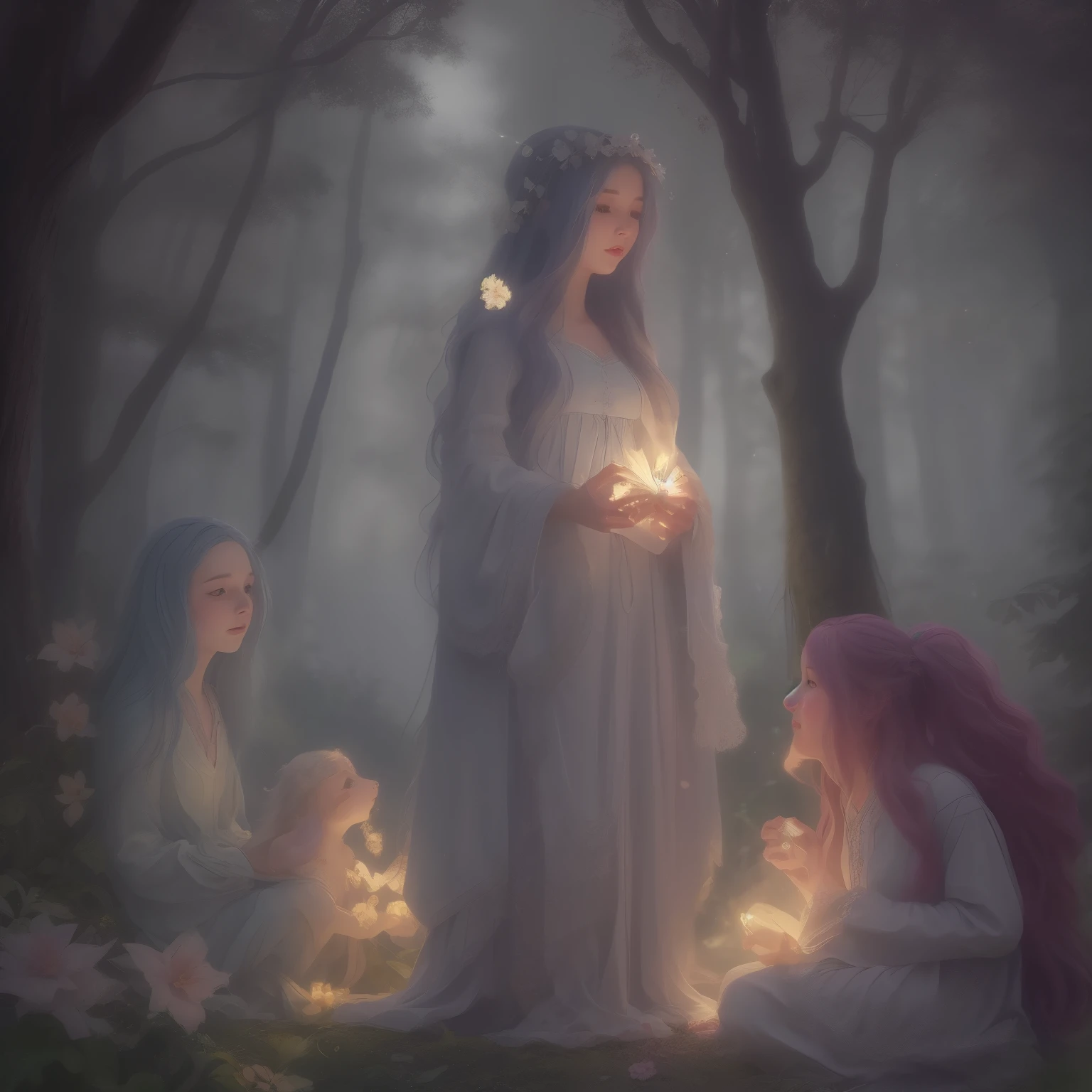 In this enchanting scene, the camera is situated among treetops, offering a low-angle perspective amidst a whimsical atmosphere, Moonlit forest glade, subtle mist swirling around ancient trees, illuminated by a soft, ethereal glow emanating from a crescent moon hanging low in the sky. A young witch, dressed in flowing white robes, stands at the edge of the clearing, her staff glowing with a gentle blue light as she gazes up at the celestial body, her long hair blowing gently in the breeze.. The composition features a kaleidoscope of vibrant flowers swaying gently in the breeze, with towering trees stretching towards the sky and magical beings hidden amongst the foliage. Soft, diffused light filters through the canopy, casting dappled shadows across the forest floor. As the camera captures every detail in 8K resolution, delicate petals of seven-colored flowers and enigmatic expressions of mystical creatures come into sharp focus.