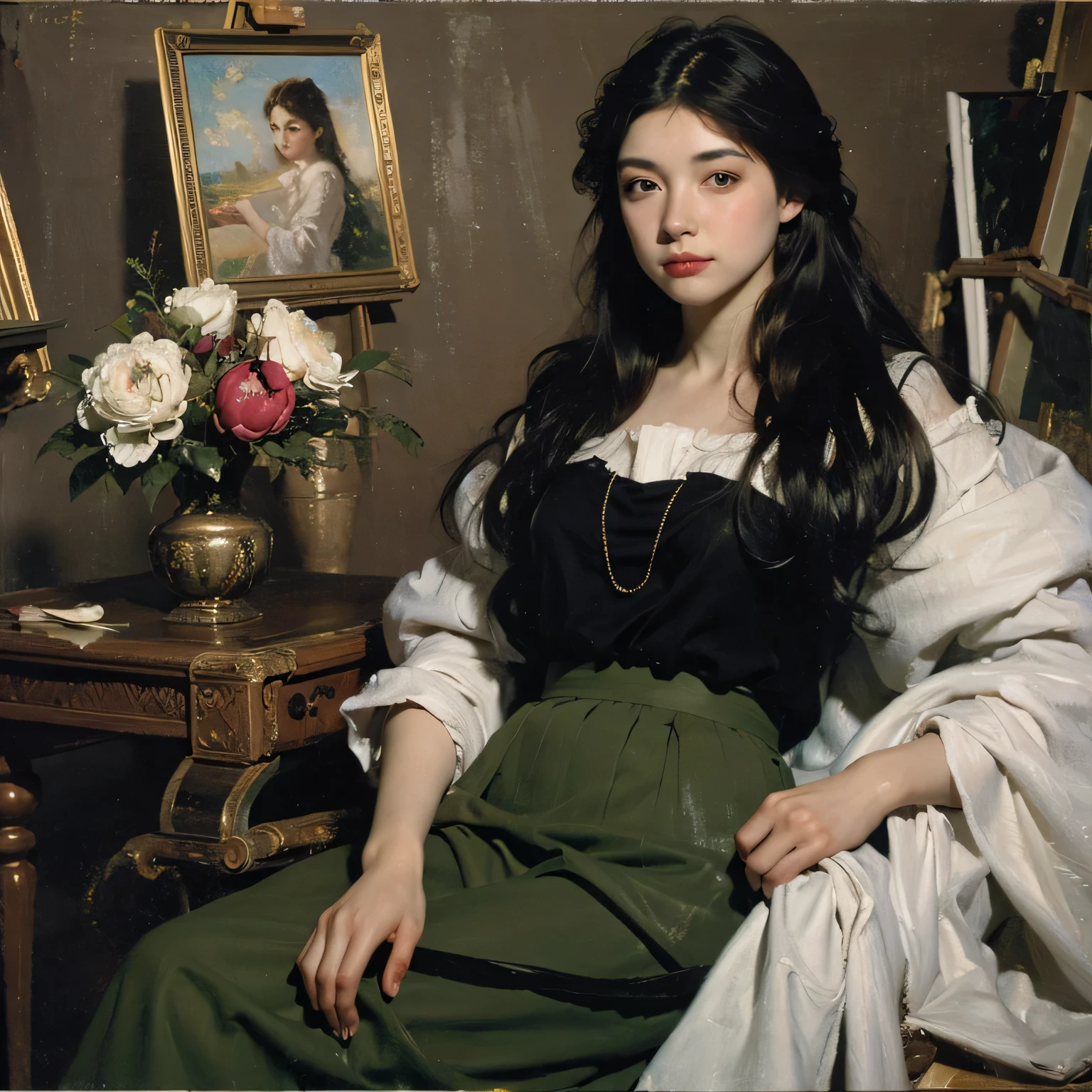 (oil painting:1.5), \\ a woman with (long curtly hair ), ((green eyes)) is lie on the ground in veil, peony, (amy sol:0.248), yellow, with skirt,(stanley artgerm lau:0.106), (a detailed painting:0.353), (gothic art:0.106)
