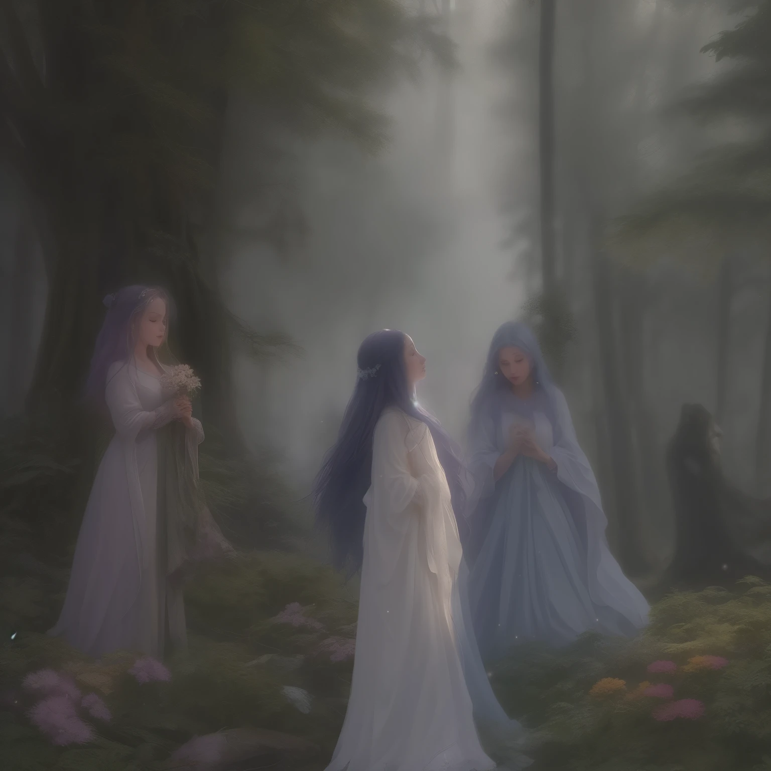 In this enchanting scene, the camera is situated among treetops, offering a low-angle perspective amidst a whimsical atmosphere, Moonlit forest glade, subtle mist swirling around ancient trees, illuminated by a soft, ethereal glow emanating from a crescent moon hanging low in the sky. A young witch, dressed in flowing white robes, stands at the edge of the clearing, her staff glowing with a gentle blue light as she gazes up at the celestial body, her long hair blowing gently in the breeze.. The composition features a kaleidoscope of vibrant flowers swaying gently in the breeze, with towering trees stretching towards the sky and magical beings hidden amongst the foliage. Soft, diffused light filters through the canopy, casting dappled shadows across the forest floor. As the camera captures every detail in 8K resolution, delicate petals of seven-colored flowers and enigmatic expressions of mystical creatures come into sharp focus.