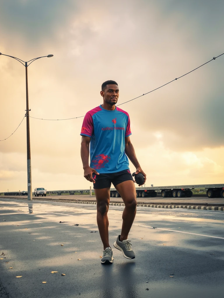 blond hair black papuan man, an inflated body, blue eyes, wearing shorts, running on the mountain, smirk