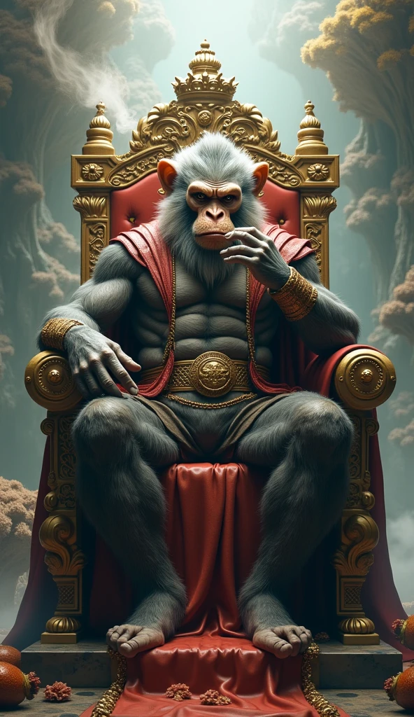 Create the image of a monkey ruling in the midst of destruction in the city 