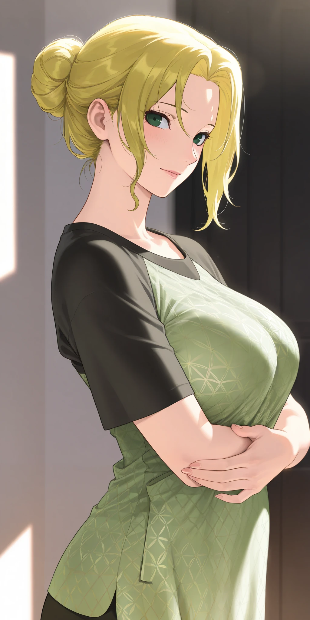 Zenith, 1girl, solo,  blue_eyes, blonde_hair,  smile,  large_breasts, parted_bangs, bangs, ponytail,  white_pants, green-t_shirt, casual