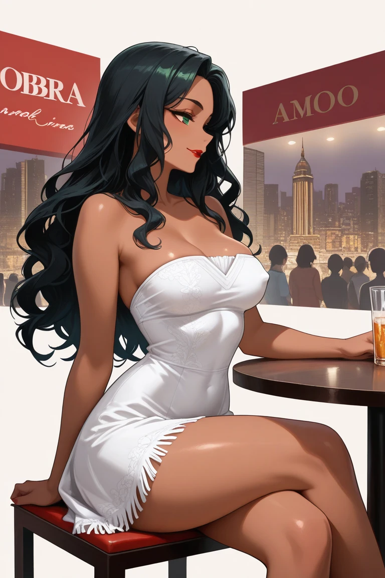 (masterpiece), best quality, expressive eyes, holding a wine glass, standing, cute girl, garden background, perfect face, black ebony skin, half naked, large open neckline, white dress, perfect shaped body, long hair, black hair, orange eyes, large breast, big breasts, black skin, ultra realistic detailed orange eyes, long and open hair, looking at camera, innocent eyes, innocent face, very cute anime girl face, black skin anime girl, cute smile on her face, flower necklace on her head, wearing flower bracelets on her hand, thigh legs