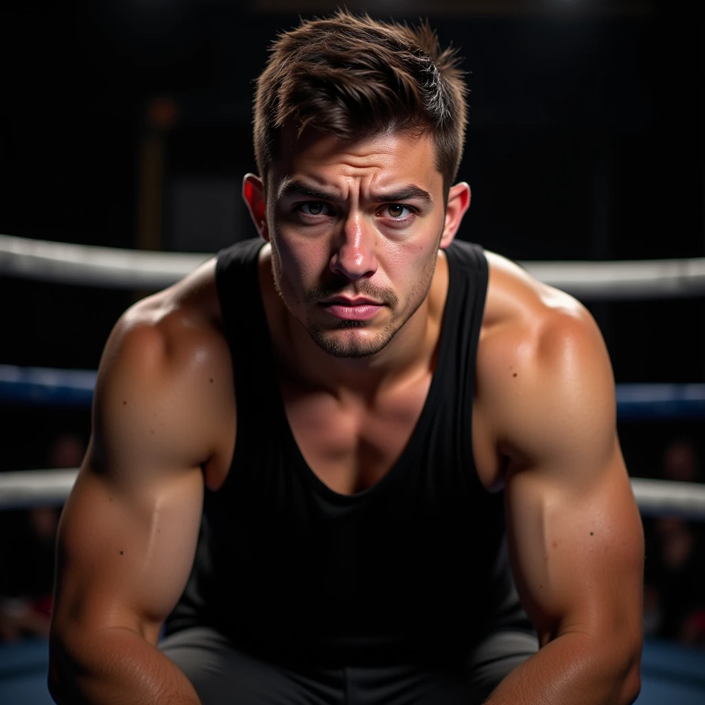 A muscular middle-aged man resting in a boxing ring after a round of an intense boxing match. He is exhausted, sitting on a stool in his corner with his arms draped over the ropes of the boxing ring, his head slightly lowered, sweat dripping down his face and body. His muscular arms and torso are glistening with sweat, showing his well-defined muscles and veins. He has short dark hair and a rugged appearance, with a few bruises and cuts on his face. In the background, his coach, a man in his late 50s with a concerned expression, is standing behind him, holding a water bottle and a towel. The ropes of the boxing ring and a few blurred spectators are visible in the background, creating a dynamic and tense atmosphere.