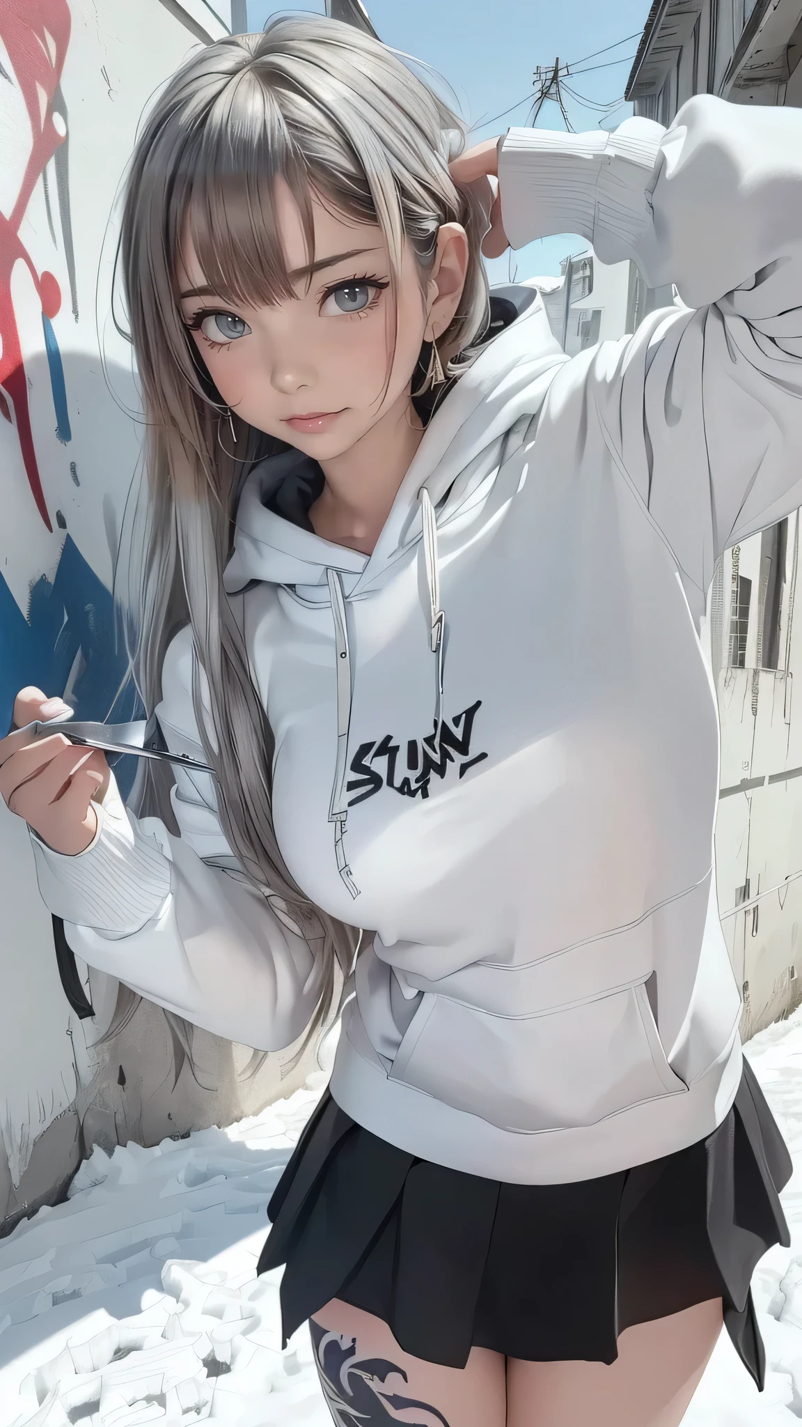 top-quality、Top image quality、masterpiece、s girl((Black underwear、White hoodie with open chest、Black skirt、18year old、 Ager、Best Bust、big bast,Beautiful light blue eyes, Long silver hair、A slender,Large valleys、Reflecting the whole body、Leaning forward、Hold Sword、Wearing a hood、worried face、tension、、Sweating、take a cautious stance、Cuts on the face、I have a stun gun、blue dragon tattoo on face)),hiquality、Beautiful Art、Background with((snow blowing、Ruins、survival、draw graffiti on the wall、natta))masterpiece、depth of fields,