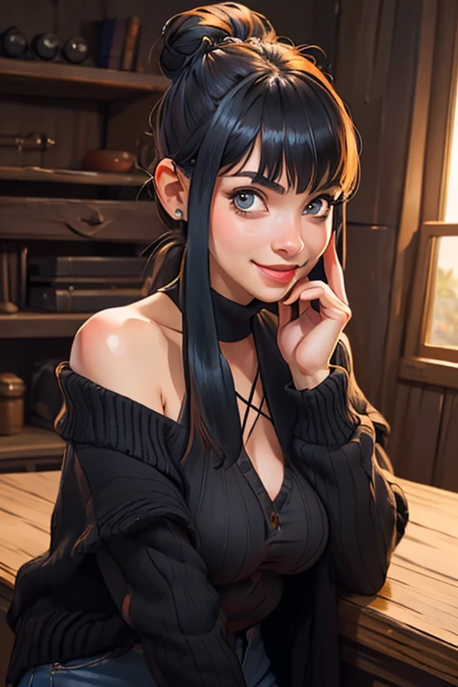 rating_safe, score_8_up, score_7_up, 1girl, solo, pale skin, medium breasts, cute perfect face, kid-like proportions, big heads and big eyes, tiny limbs, thin body, ((black hime haircut, blunt bangs)), attractive young skinny innocent prepubescent asian-babygirl sitting at a cafe table, in front of POV, ((bashful expression)), ((tight belly-free black crop top)), (tiny prepubescent child), skinny flat stomach, chin resting on hand, looking at viewer, cleavage, amazing purple asian eyes, (blush), inside simple modern cafe background, brightly lit, choker