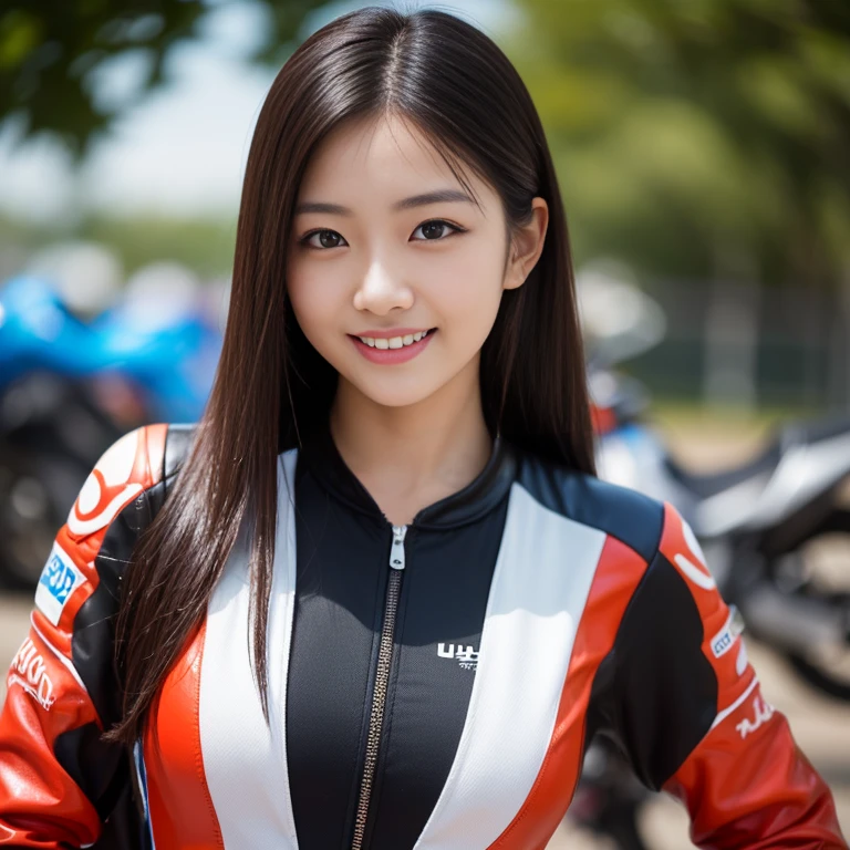 photo of smiling cc, a woman as a moto racer, arms behind back, F-cup, wearing Formula 1 racing suit, modelshoot style, (extremely detailed CG unity 8k wallpaper), trending on ArtStation, trending on CGSociety, Intricate, High Detail, Sharp focus, dramatic, photorealistic, (looking at viewer:1.2), (detailed pupils:1.3), full body, riding on a CBR500 motobike