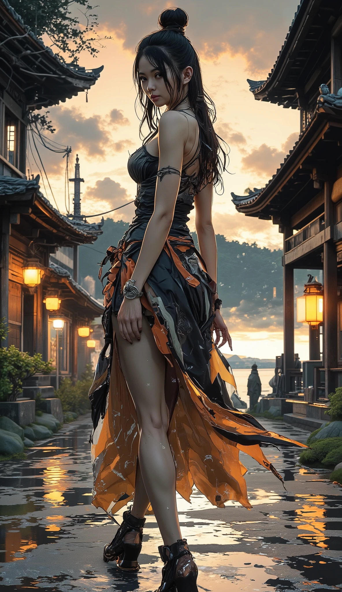 Shibui-style woman, turns while walking, sexy dynamic movement, charm and coquetry, delicate facial features, innocent look over her shoulder, full lips and well-defined eyebrows, tanned honey-colored skin, best quality, wide hips, slim and high waist, flat stomach, sexy tight-fitting dress combination, skin with a tight bra, sexy female body, narrow waist, beautiful female face with makeup, an expression of embarrassment on her face))), realistic image on an open rotunda, ancient buildings and the sea are visible in the background, twilight, the light of lanterns, last rays of the sun, darkening sky, clouds, beautiful colors, high detail, shot from ground level, color and tone perspective, digital art