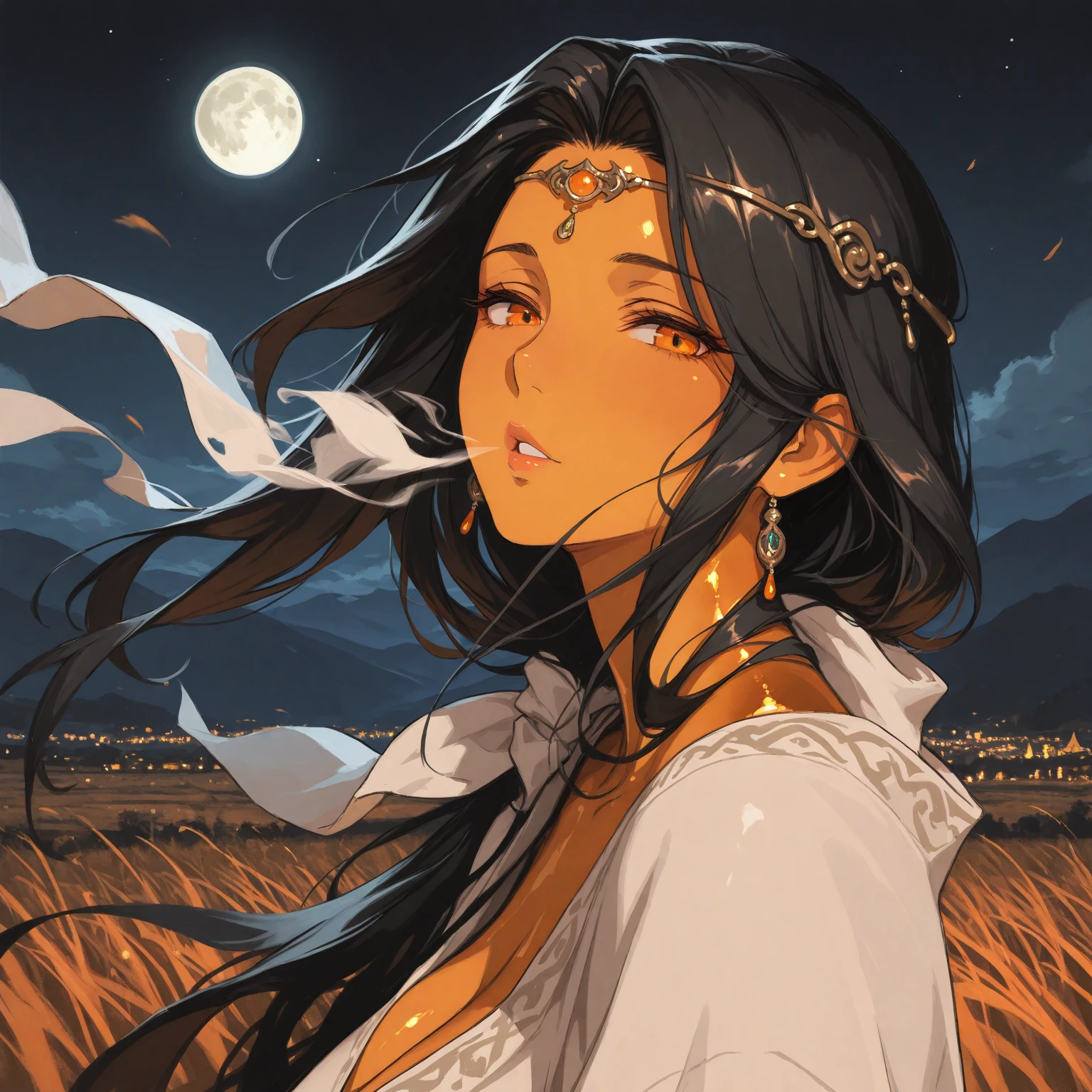 (black hair, long hair:1.5), yellow eyes, necklace, earrings, 1girl, moon, breasts, sky, hat, full_moon, night, solo, cleavage, starry_sky, peaked_cap, star_(sky), cloud, navel, night_sky, bare_shoulders, large_breasts, outdoors, sitting, mountainous_horizon, grass,  looking_at_viewer,