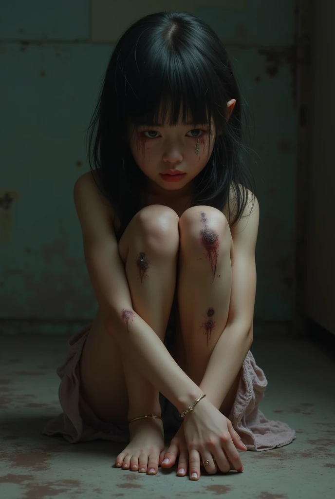 1 girl without human skin on body, , full body from head to toe, devastated city in background, ghosts fly around girl, no shoes, no clothes, (((((masturbation girl )))))
