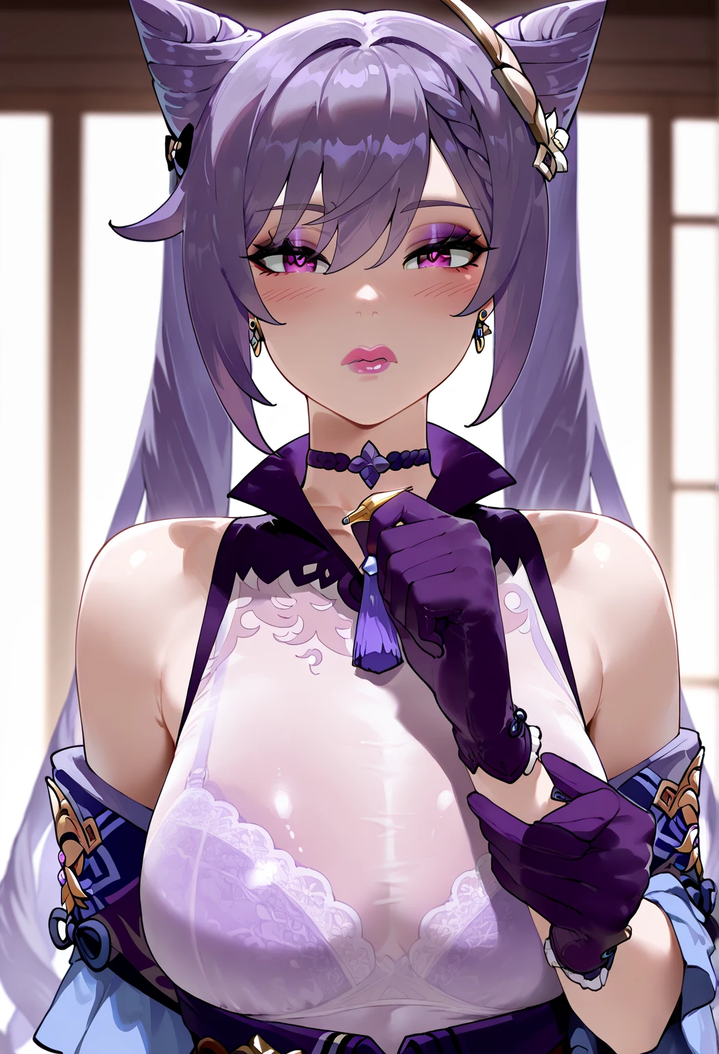 (Obra de arte),(melhor qualidade:1.0), (ultra high resolution:1.0), detailed illustration, 8K, anime, Makima Motosserra, 1 garota, garota sexy de anime, Tiro de meio corpo, lips, pele brilhante, seios grandes, figura peituda, curvas perfeitas, cara bonita, rosto detalhado, olhos lindos, olhos detalhados, (((olhos roxos))), destaques nos olhos, pretty lips, cabelo curto, (((cabelo roxo))), cabelo lindo e estiloso, mechas no cabelo、black sports bra 、shorts esportivos pretos、Slimed、quarto escuro、thin abdomen、em cima da cama、Deitado