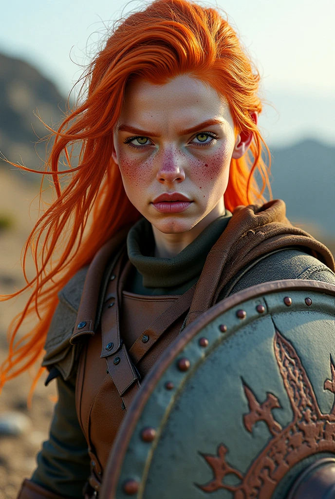 Meet a woman, her red hair cascading down to her shoulders, framing her face with a fiery glow. Her clear blue eyes, as deep as the ocean, convey a fierce determination that speaks of her warrior spirit. She stands boldly in the arid desert of the Mad Max worlds, the sun setting behind her, casting long shadows on the sandy ground.
The woman wears a transparent sweater, revealing ample cleavage that accentuates her big breasts. Her small chin juts out defiantly, and her countenance is serious, her sharp features etched with the lines of concentration. She wields a katana with practiced ease, the black leather cloth of her outfit