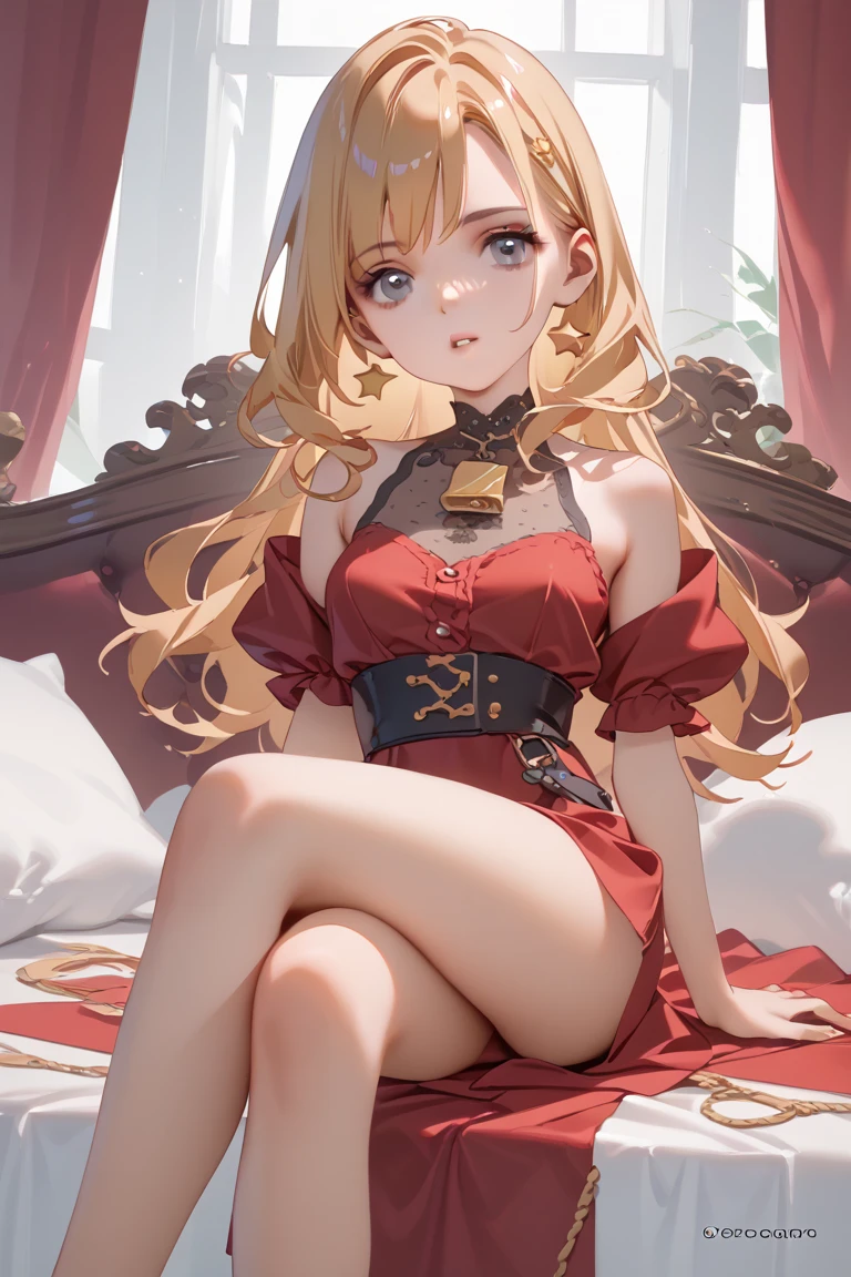 (masterpiece, top quality, best quality, official art, beautiful and aesthetic:1.2), young (1girl:1.3), (wearing torn red dress:1.3), (blonde:1.3) hair, long hair, (colorful eyes:1.3), extremely detailed, colorful, (highly detailed CG illustration), (looking at viewer), cinematic light, solo, half body, (character focus), ),Cath, extravagant makeup, full lips, sexy pose, clothes ASIDE , used condoms, partially naked, shiny skin, red lingerie