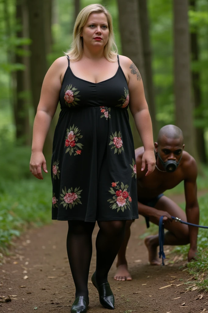A photorealistic portrait of a beautiful blonde girl , wearing a cute pink mini dress, sexy legs,She giving very adult seductive poses in park with naked big cock black man (black naked man), ((she is standing with bbc fully naked man )), tattoo on stomach and legs,captured in close up full-body shot, 8k resolution, with high detail and quality.