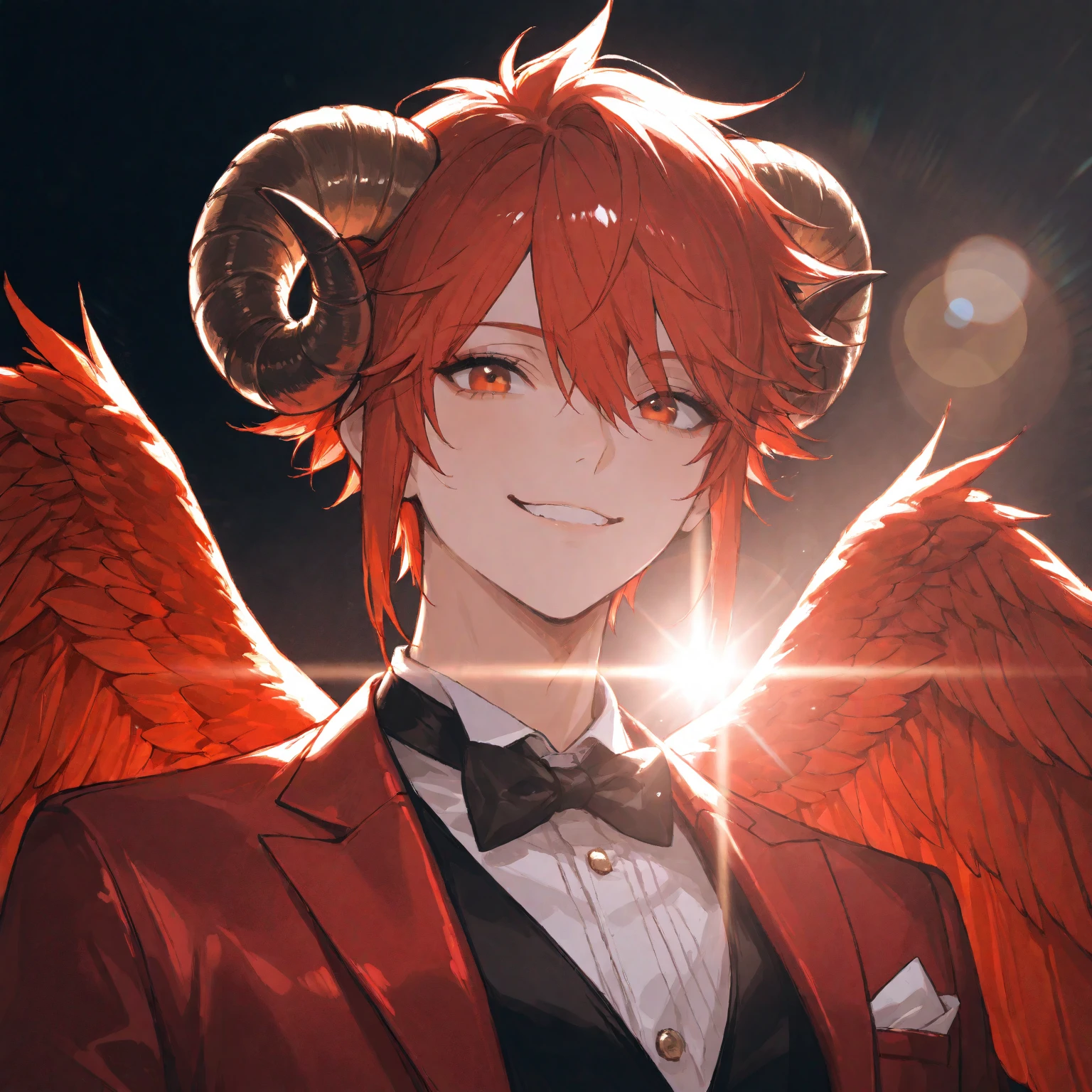 absurdres, highres, ultra detailed, HDR, master piece, best quality, Eiden, brown hair, expressive brown eyes, Nu Carnival, solo, sexy man, handsome, horny, lewd, demon, horns, black leather clothes, red cape, accessories, showing the chest, red sky, red moon, red trees, red spider lilies, fantasy, dark magic, magical
