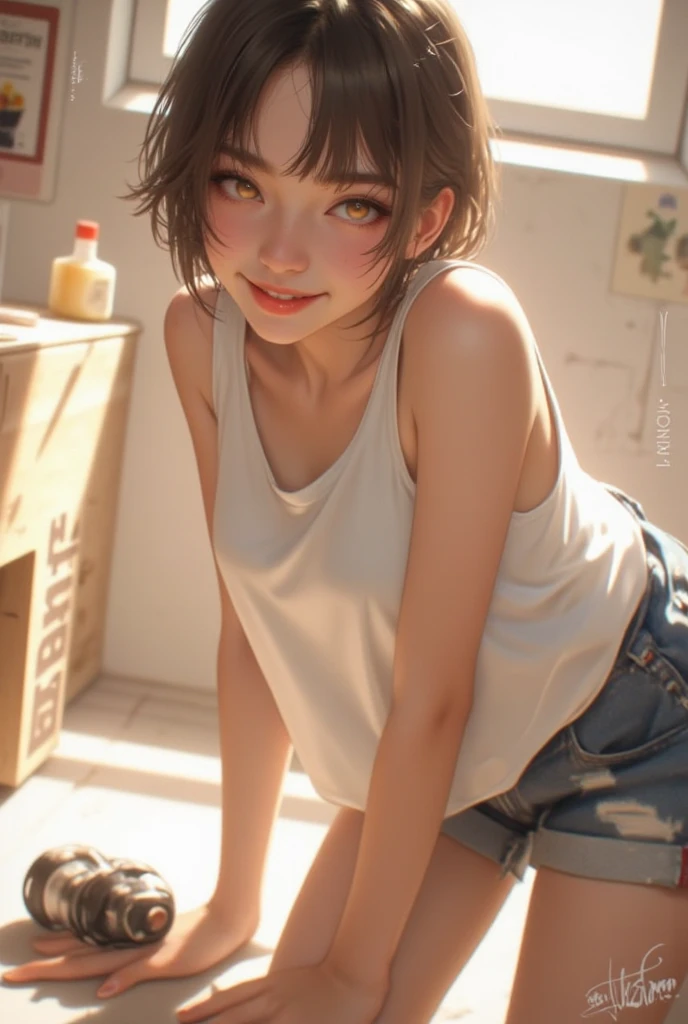 Beautiful girl, 18 years old, Small white shirt, Black skirt, very short, big breasts, Big hips, ponytail black, red eyes, G-string, white, put on makeup, red mouth, wet, fit clothes,