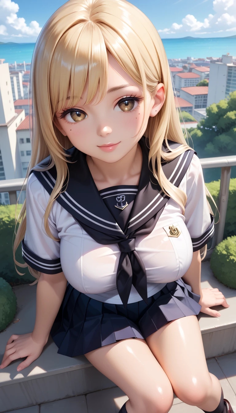 1 lady, (Micro thong), (((under boob))), ((Crop Top shirt)), sleeveless, ((spread legs to limit, one knee up)), (Sailor only for the upper body), ((Red Ribbon Tie)), (sitting with hands back:1.7), masterpiece, Best Quality, High quality, High Definition, Finely detailed, Detailed texture, realistic representation of face, Realistic, Colorful, Ray tracing, (((lighting forward))), ahegao, smile, (glowing eyes), (Detailed beautiful delicate face, Detailed beautiful eyes, A perfectly proportioned face, High detailed skin, best ratio four finger and one thumb, (((Glowing white shiny skin))), (large breasts), ((Smooth texture, Realistic texture, Photorealistic)), ((Green eyes)), (Beautiful face, Cute face, Detailed face), on a bed