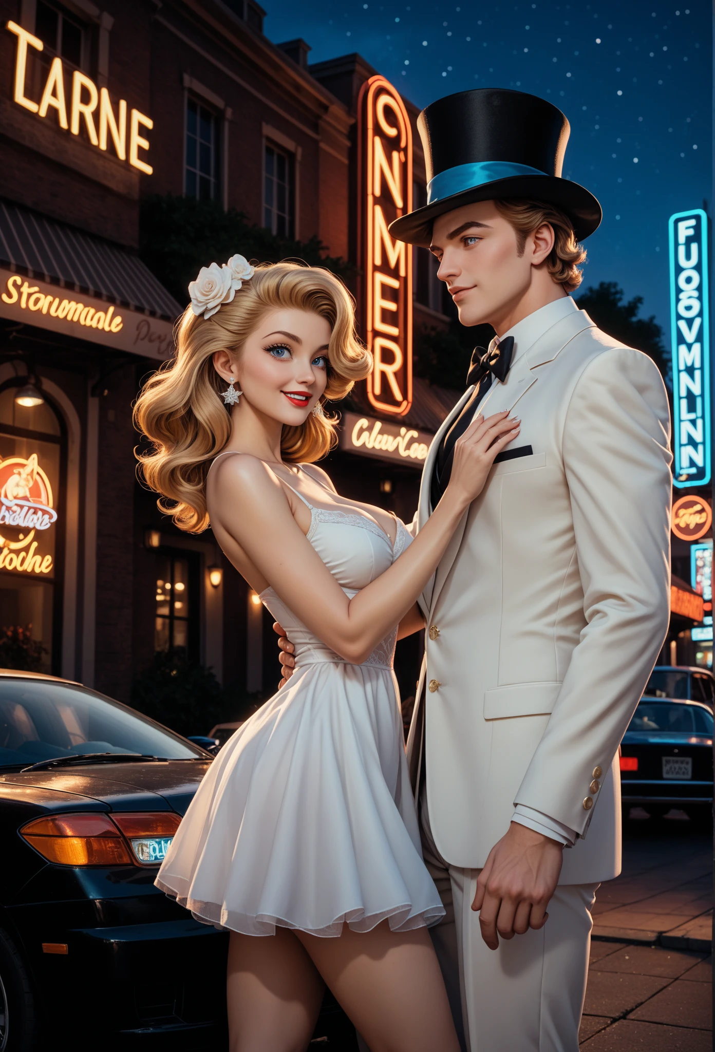 blond man in suit, Beautiful, virile body, blue colored eyes, driving, with an 18 year old girl, huge black hair, wavy, side bangs, wearing a tight spaghetti strap dress and looking at the fountain in the car while looking at her.