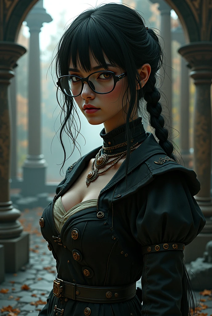 a high resolution, Sharp Focus, pixiv masterpiece, ((complex parts)), very detailed, Yuriy Alfa, 1 girl, black hair, (Green bracelet, green mittens, thorns,:1.1) Glasses, green eyes, maid, one bunch of hair, dress, necklace, the bow tie, maid apron,