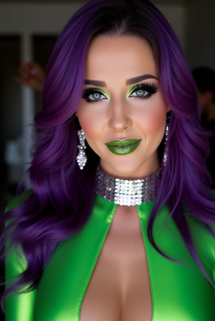 Margot Robbie with green hair in purple lingerie with Harley Quinn makeup skiling