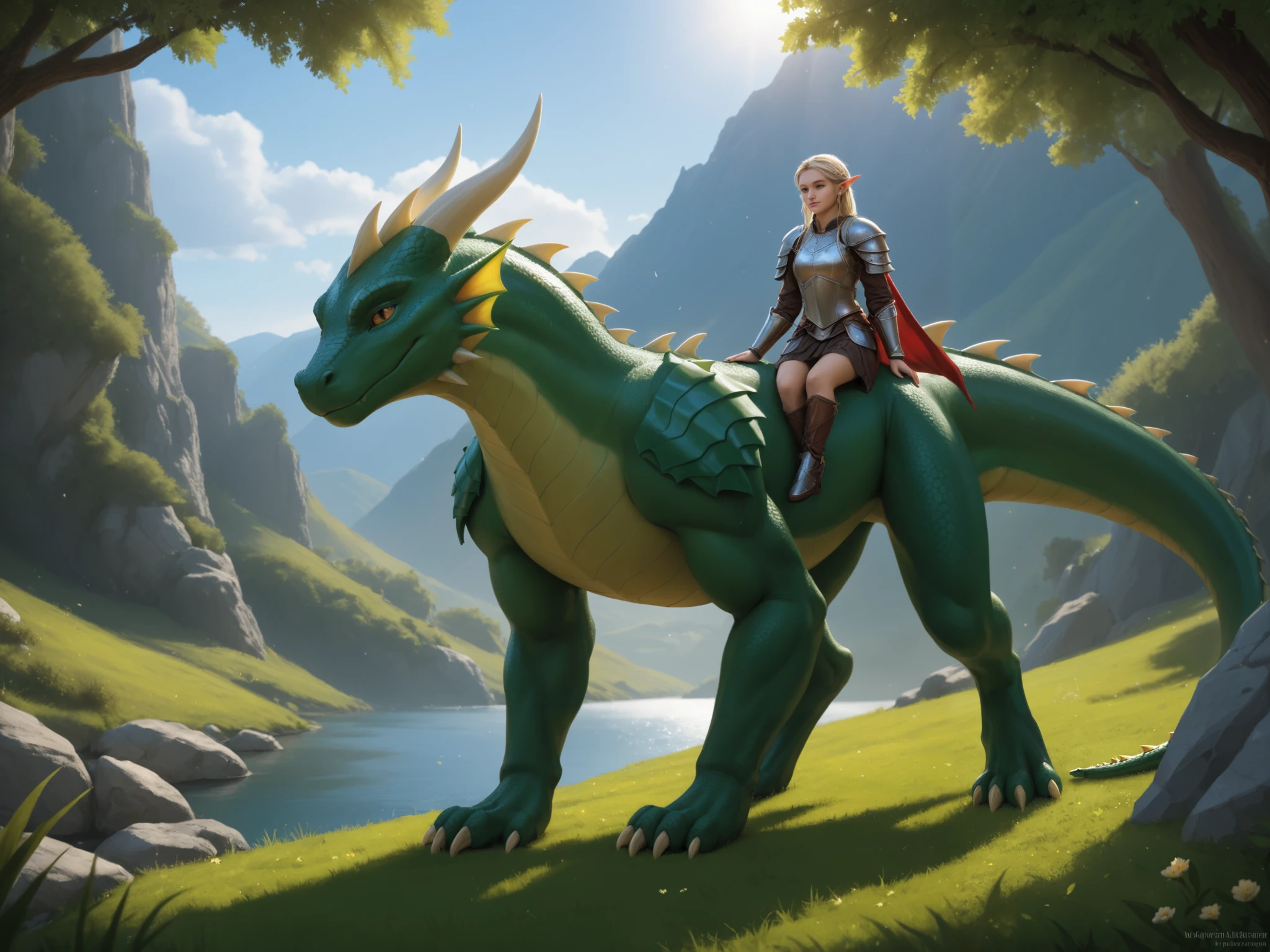 Fantasy Illustration: A Young Green Dragon and an Elf Knight in a Dramatic Encounter. In a serene landscape, a slender young green dragon, its neck adorned with a spiky fin, stands calmly on all fours, gazing directly at the viewer. Its thin arms, legs, neck, and tail are poised in stillness. Nearby, an elegant 6-foot-tall elf knight wears shining plate mail armor, his helm slightly above the shoulder of the dragon. The composition frames the scene with a sense of anticipation, inviting the viewer to join the mystical encounter.