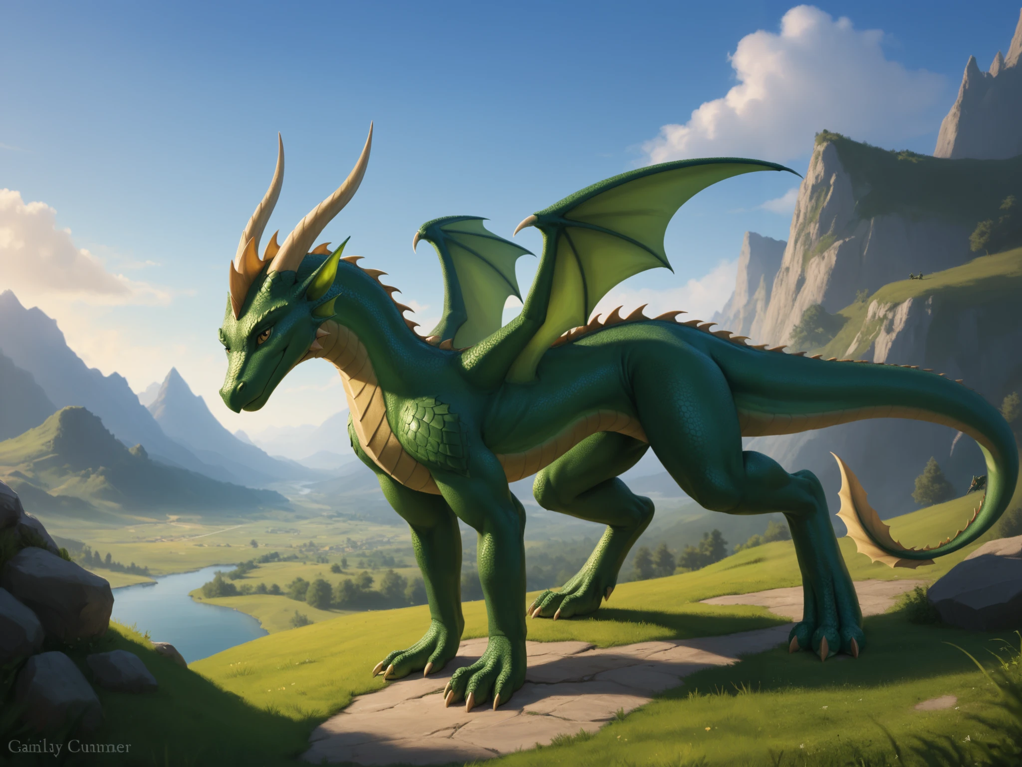 Fantasy Illustration: A Young Green Dragon and an Elf Knight in a Dramatic Encounter. In a serene landscape, a slender young green dragon, its neck adorned with a spiky fin, stands calmly on all fours, gazing directly at the viewer. Its thin arms, legs, neck, and tail are poised in stillness. Nearby, an elegant 6-foot-tall elf knight wears shining plate mail armor, his helm slightly above the shoulder of the dragon. The composition frames the scene with a sense of anticipation, inviting the viewer to join the mystical encounter.