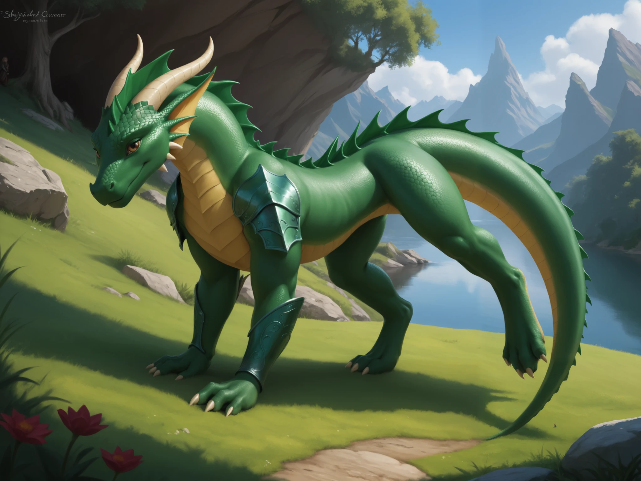 Fantasy Illustration: A Young Green Dragon and an Elf Knight in a Dramatic Encounter. In a serene landscape, a slender young green dragon, its neck adorned with a spiky fin, stands calmly on all fours, gazing directly at the viewer. Its thin arms, legs, neck, and tail are poised in stillness. Nearby, an elegant 6-foot-tall elf knight wears shining plate mail armor, his helm slightly above the shoulder of the dragon. The composition frames the scene with a sense of anticipation, inviting the viewer to join the mystical encounter.