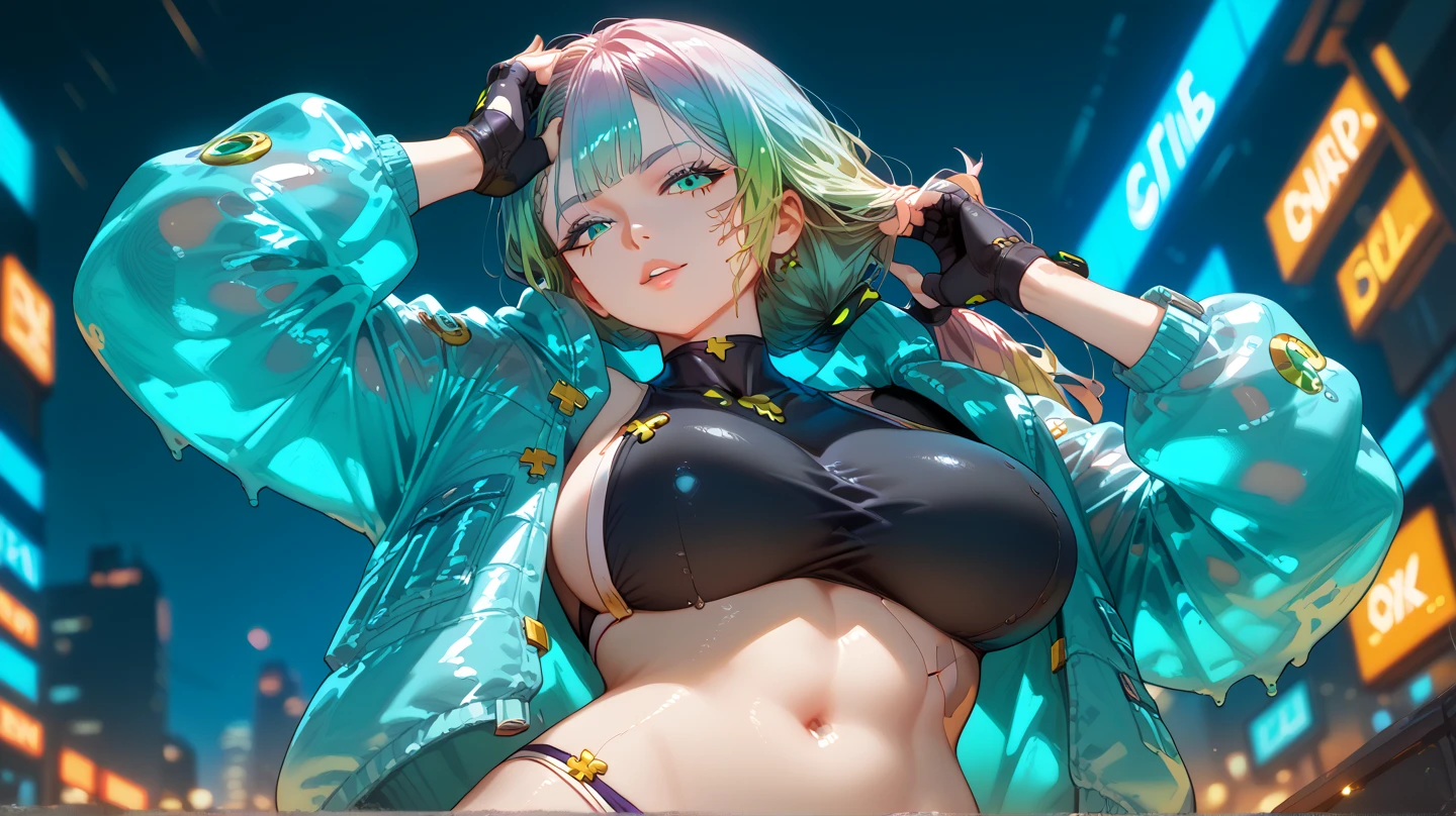 sfw, cool cyber idol、whole body、good style、(hands behind back), (perfect hands)、white shorts、thick legs、Fluorescent Green Hair、cybertruck jacket, wearing bra,((skinny waist)), young asian girl, ((big breasted)),