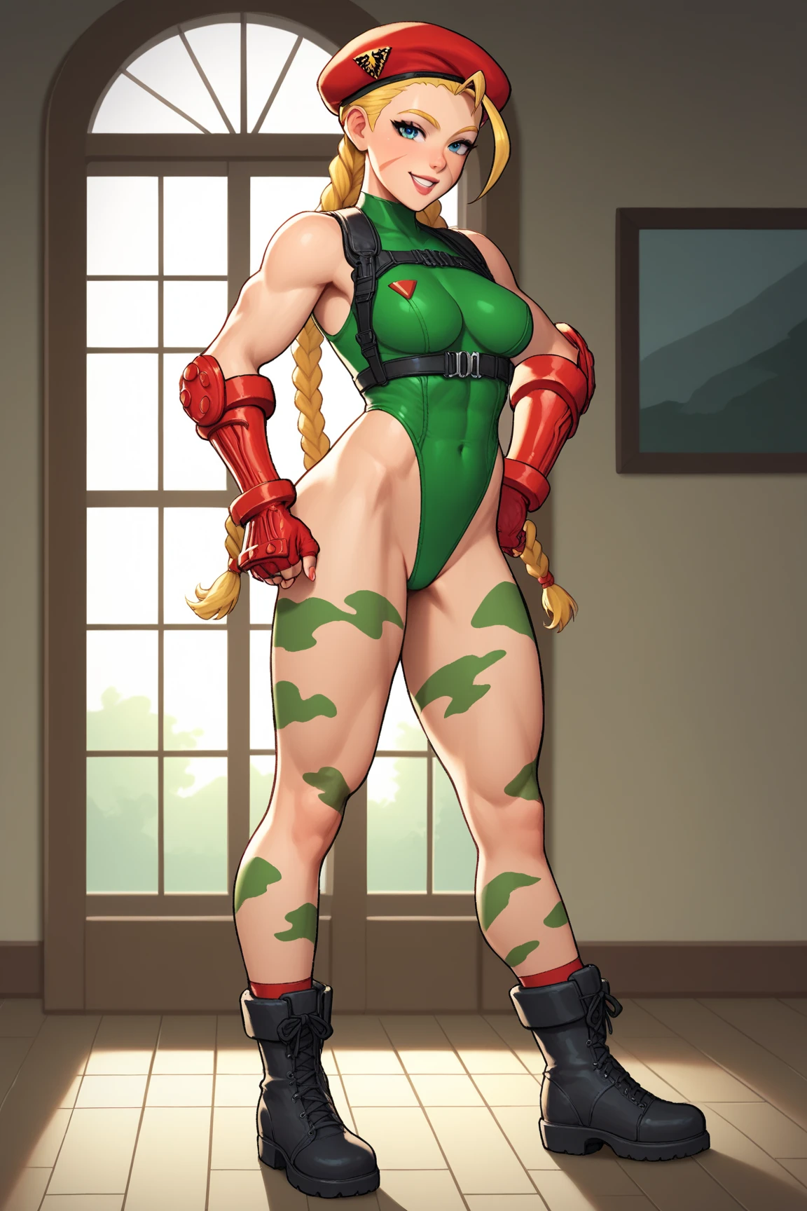 Busty big Cammy has a matching hat and long boots too, and retaining his characteristic combat gauntlets. She appears to be at least still wearing her thong leotard under her jacket, while his legs are still painted with camouflage stripes.
