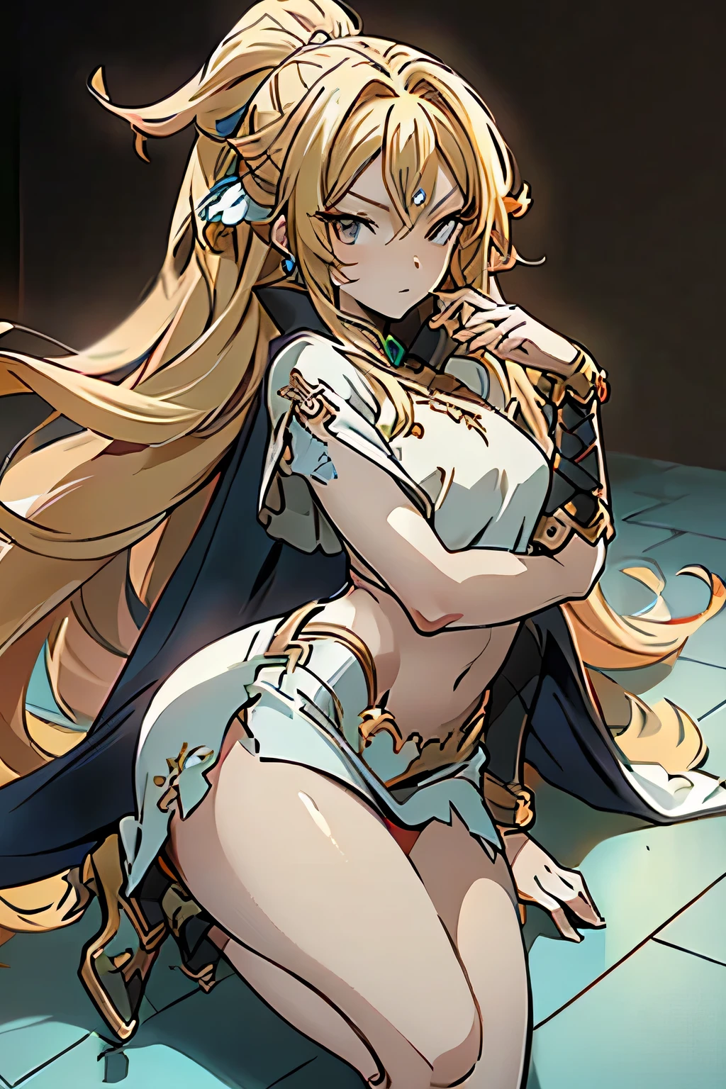 Anime style illustration, illustration by Oh GREAT mangaka, beautiful and sexy warrior princess, demon princess, long blonde hair, floor-length hair, white skin, sensual body, small and sexy blue and gold armor, mini skirt and small, low-cut blouse, small cape, with a large black sword, dynamic pose, daring pose