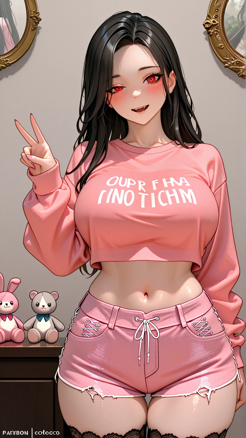 attractive woman with big breasts just woke up from her sleep, standing and stretching, cropped top with graphic text "OPPAI", cute panties, sleepy, photorealistic comic illustration by artgerm