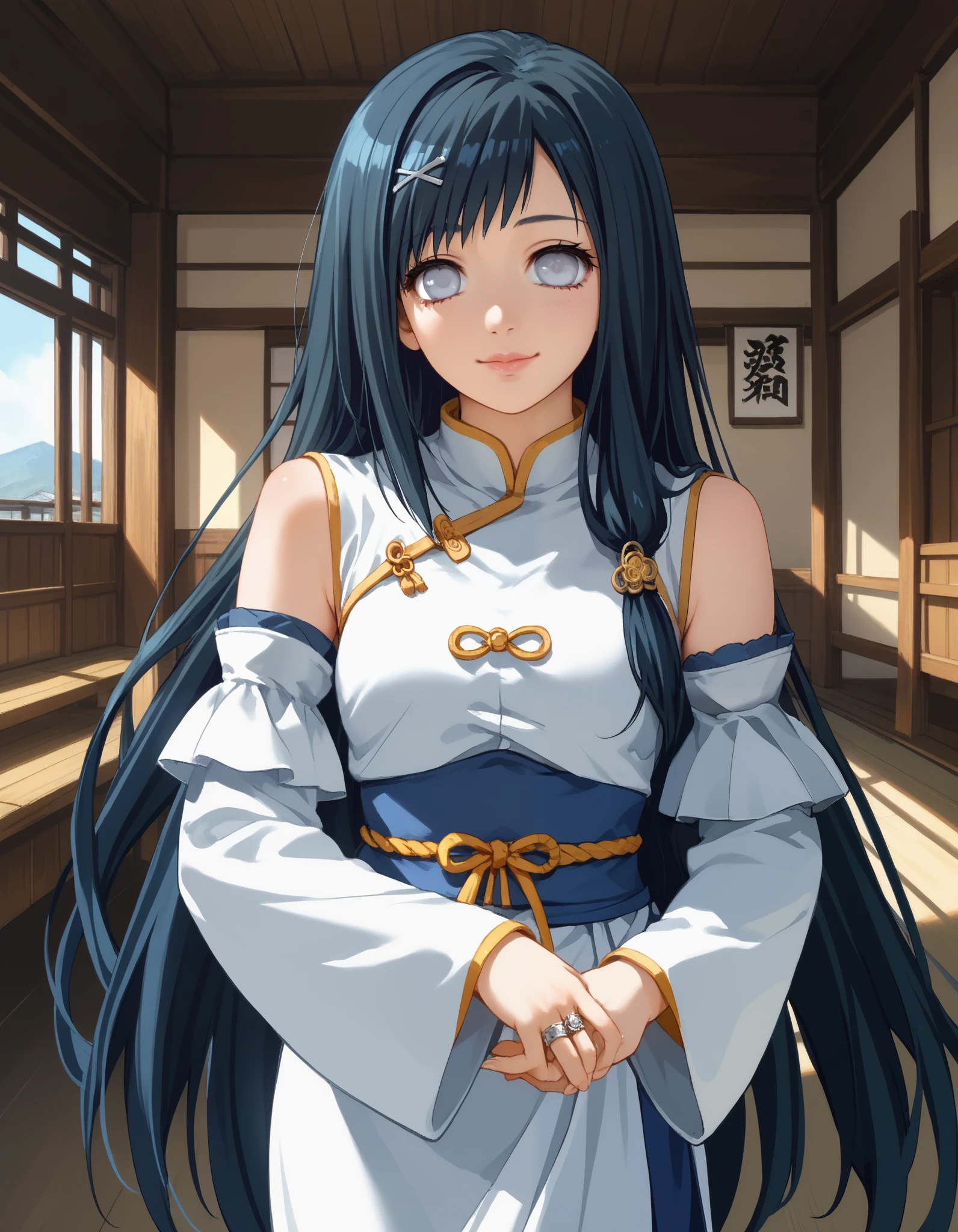 score_9, score_8_up, score_7_up, source_anime, solo, 1girl, piafumika, dark blue hair, big eyes, ring, white eyes, tareme, lips, smile, closed mouth, very long hair, detached sleeves, swept bangs, asymmetrical sidelocks, long sidelock, x hair ornament, hair ornament, white clothes, grey details, chinese style, cowboy shot, dojo, indoors