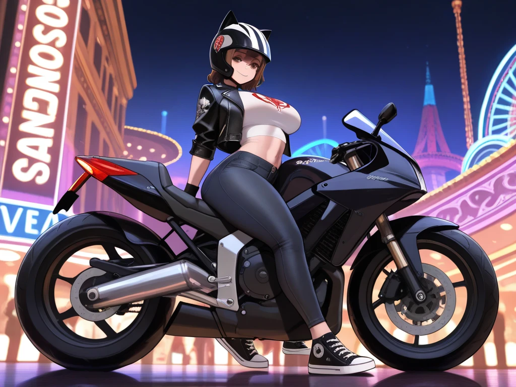1 person,woman,Short bob hairstyle,Blue Hair,Blue Flame, Vortex of flames,wallpaper, Wind景,Depth of written boundary, night, Particles of light, light, Side light, Thighs,****, cloud,Gaze, Large Breasts, Golden Eyes, Horse ears, Bright smile,Open your mouth,Wind,Ride a blue motorcycle,vehicle,Driving,Straddle,Riders jacket,Riders pants,Wear sunglasses